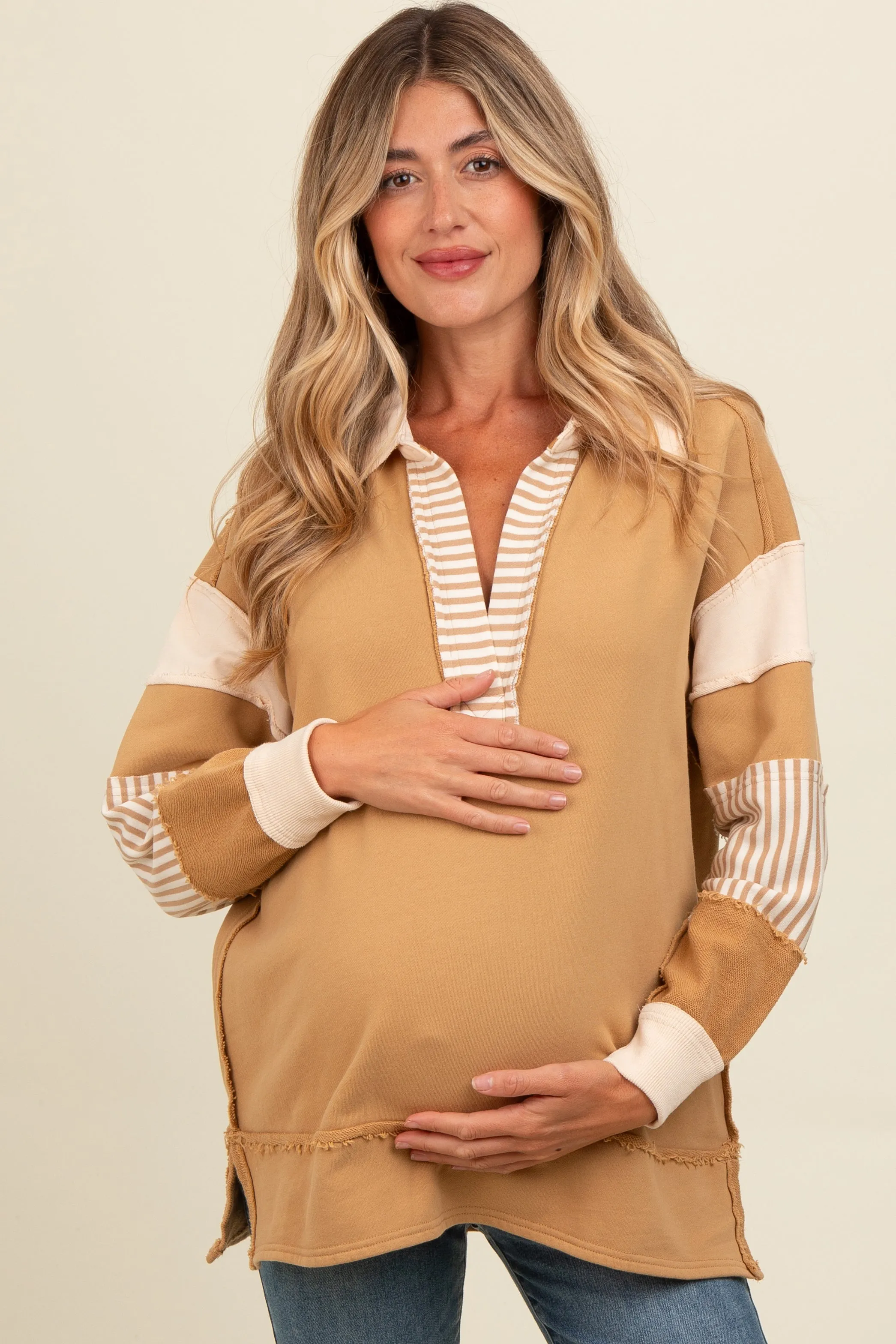 Mocha Colorblock Stripe Maternity Polo Pullover Top sold by Pinkblush product image thumbnail 2