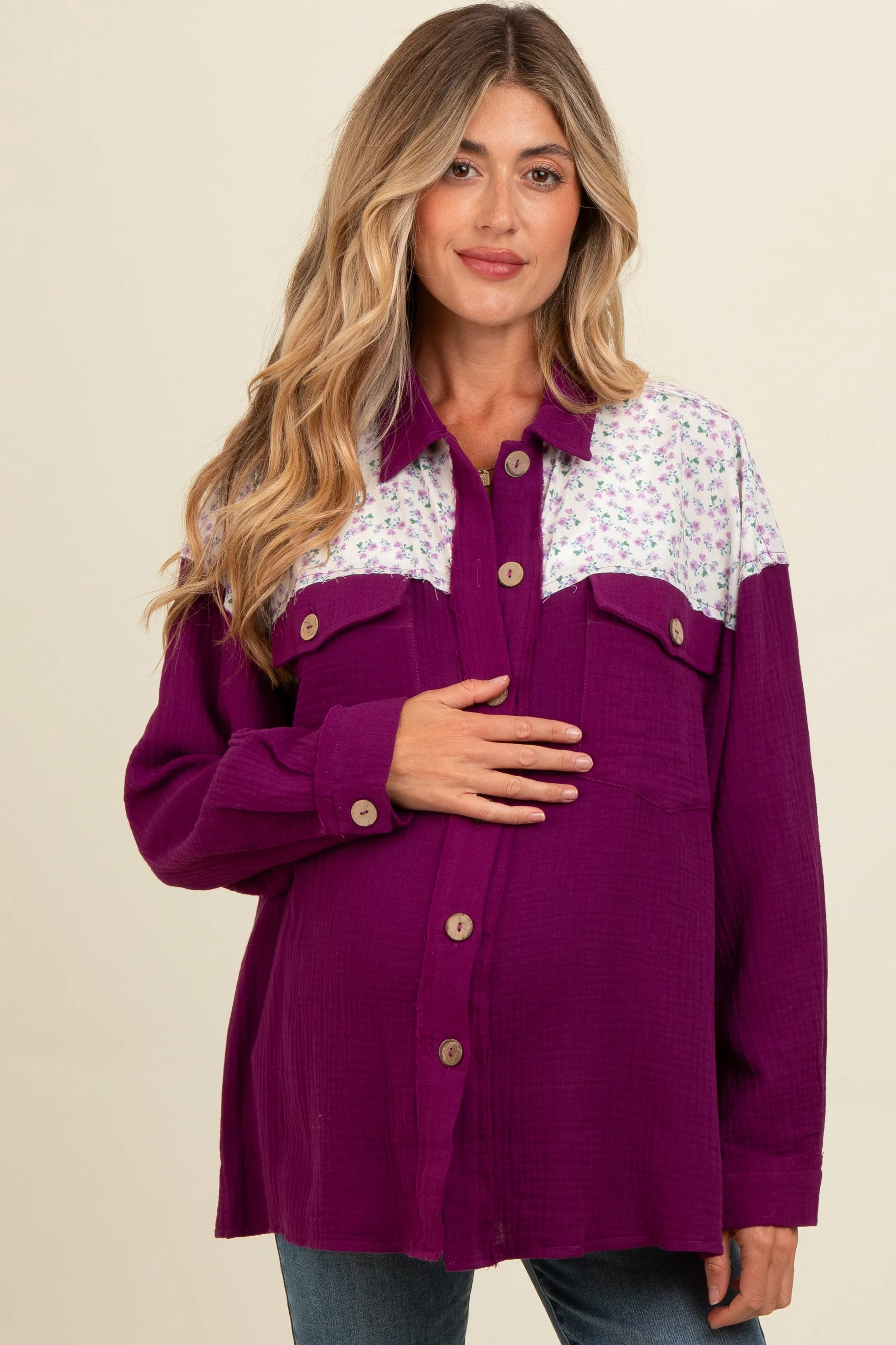 Plum Colorblock Floral Maternity Button Down sold by Pinkblush product image thumbnail 2