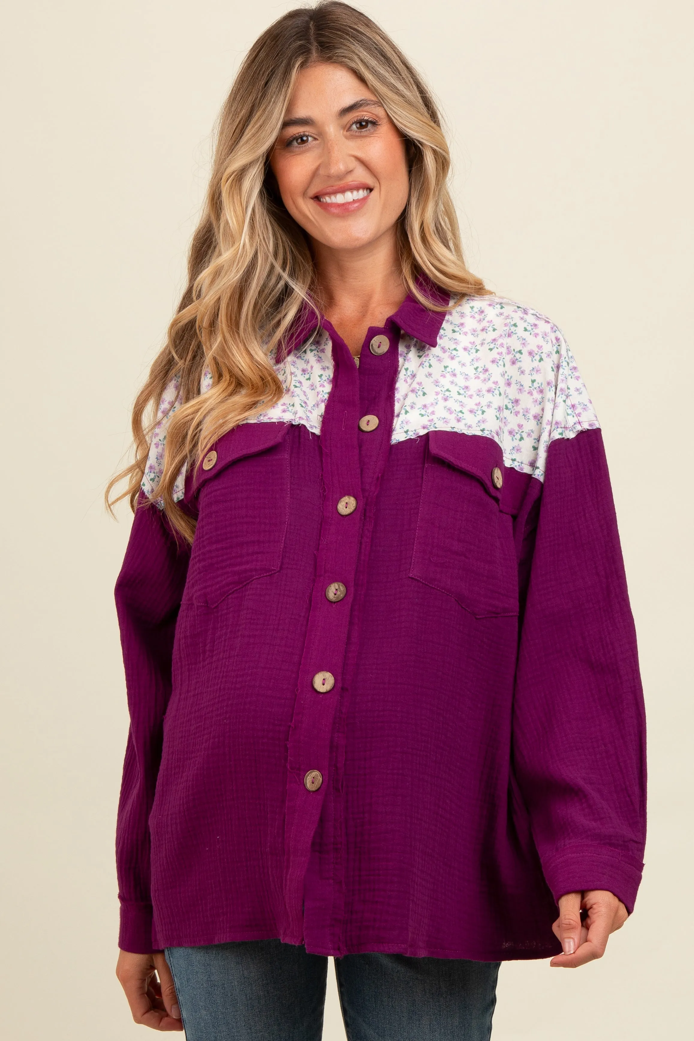 Plum Colorblock Floral Maternity Button Down sold by Pinkblush