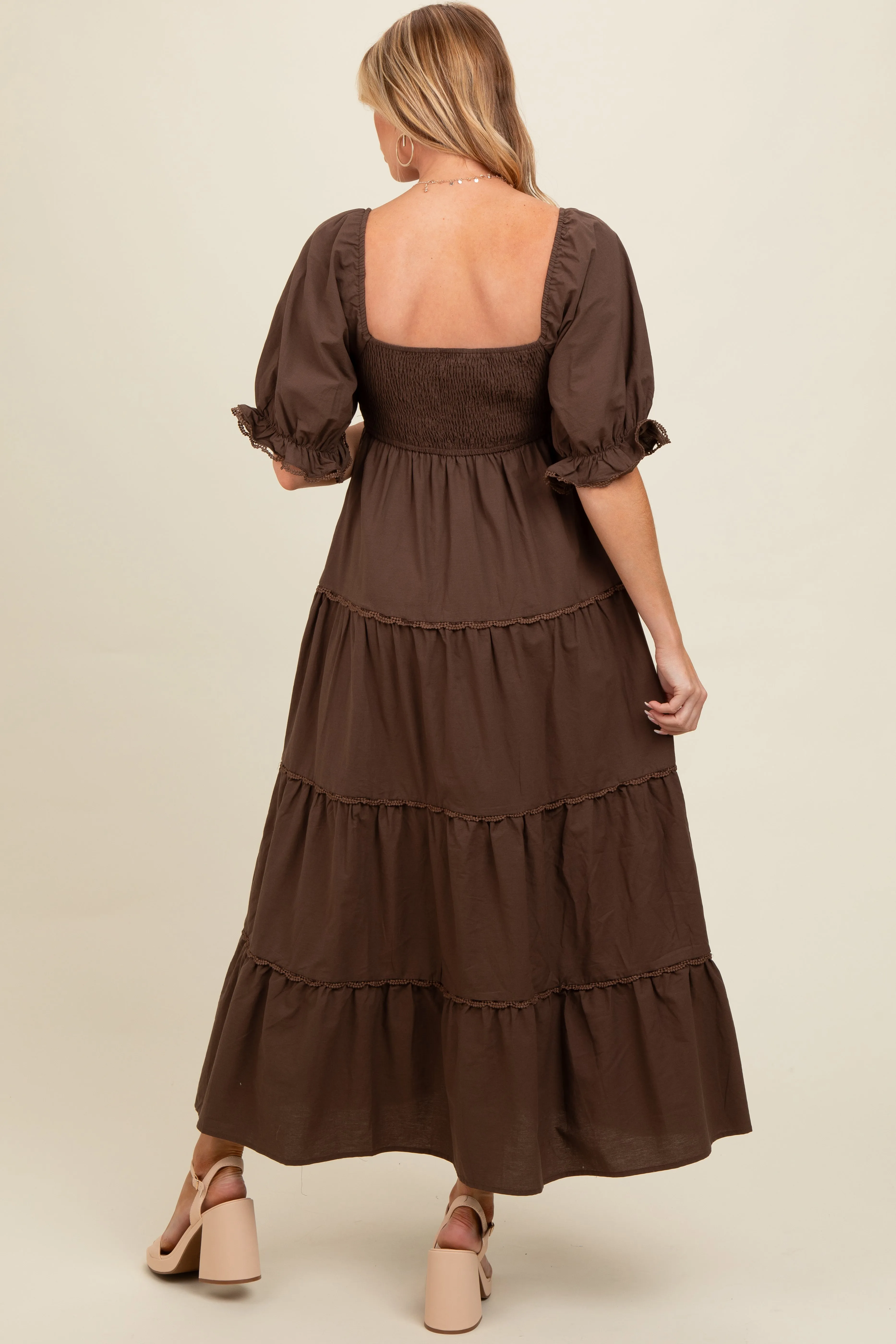 Brown Deep V-Neck Tiered Maternity Maxi Dress sold by Pinkblush product image thumbnail 3
