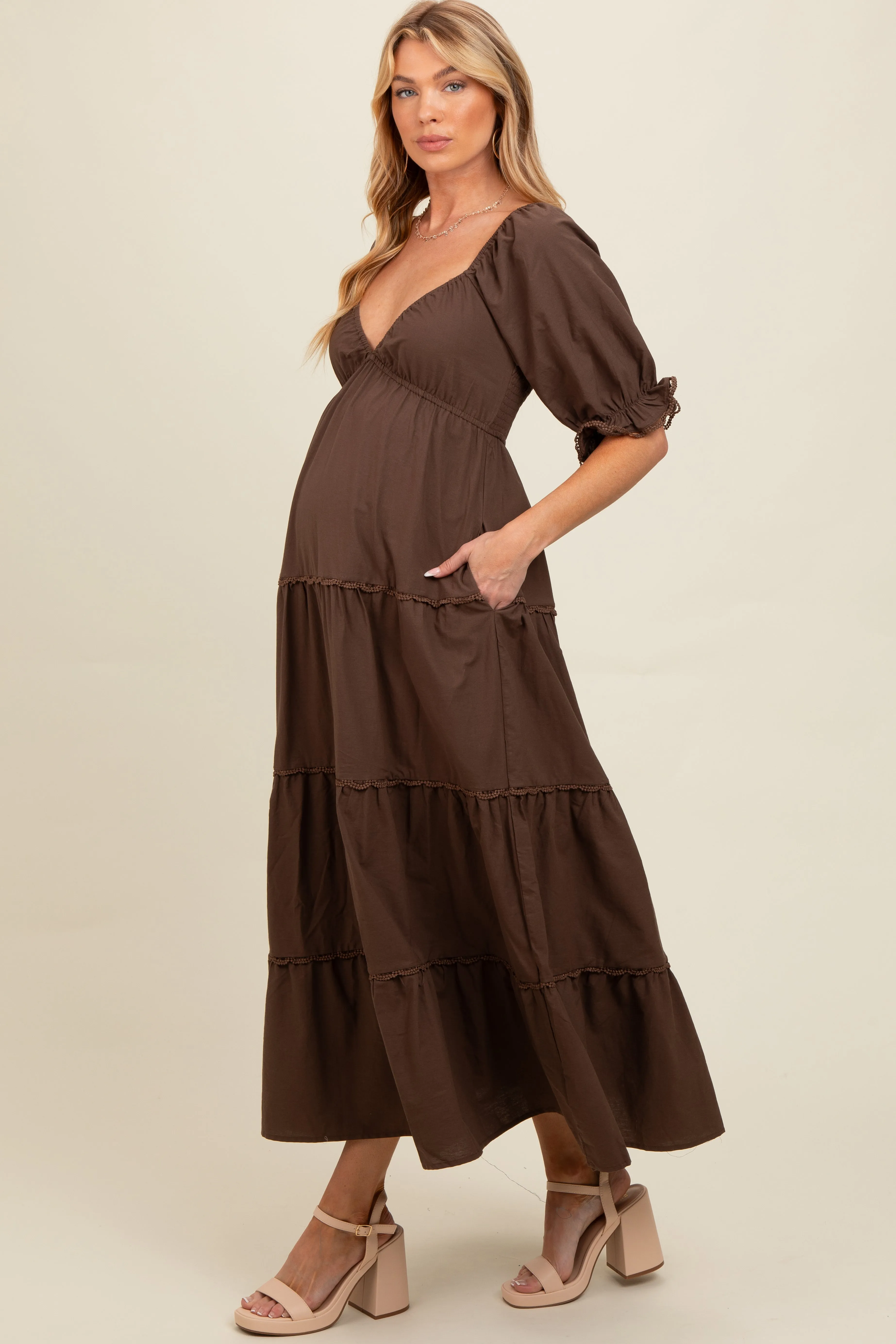 Brown Deep V-Neck Tiered Maternity Maxi Dress sold by Pinkblush