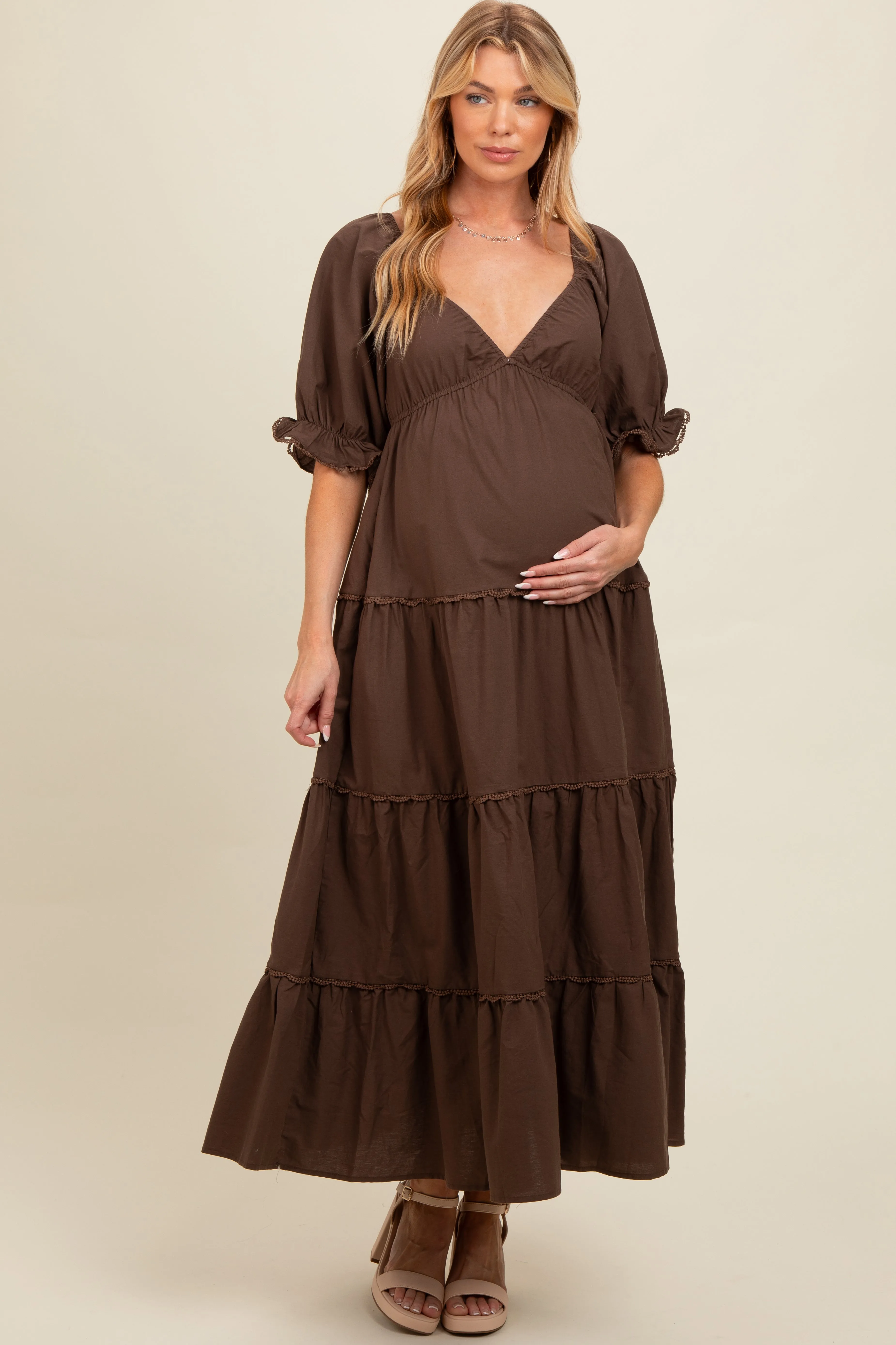 Brown Deep V-Neck Tiered Maternity Maxi Dress sold by Pinkblush product image thumbnail 2