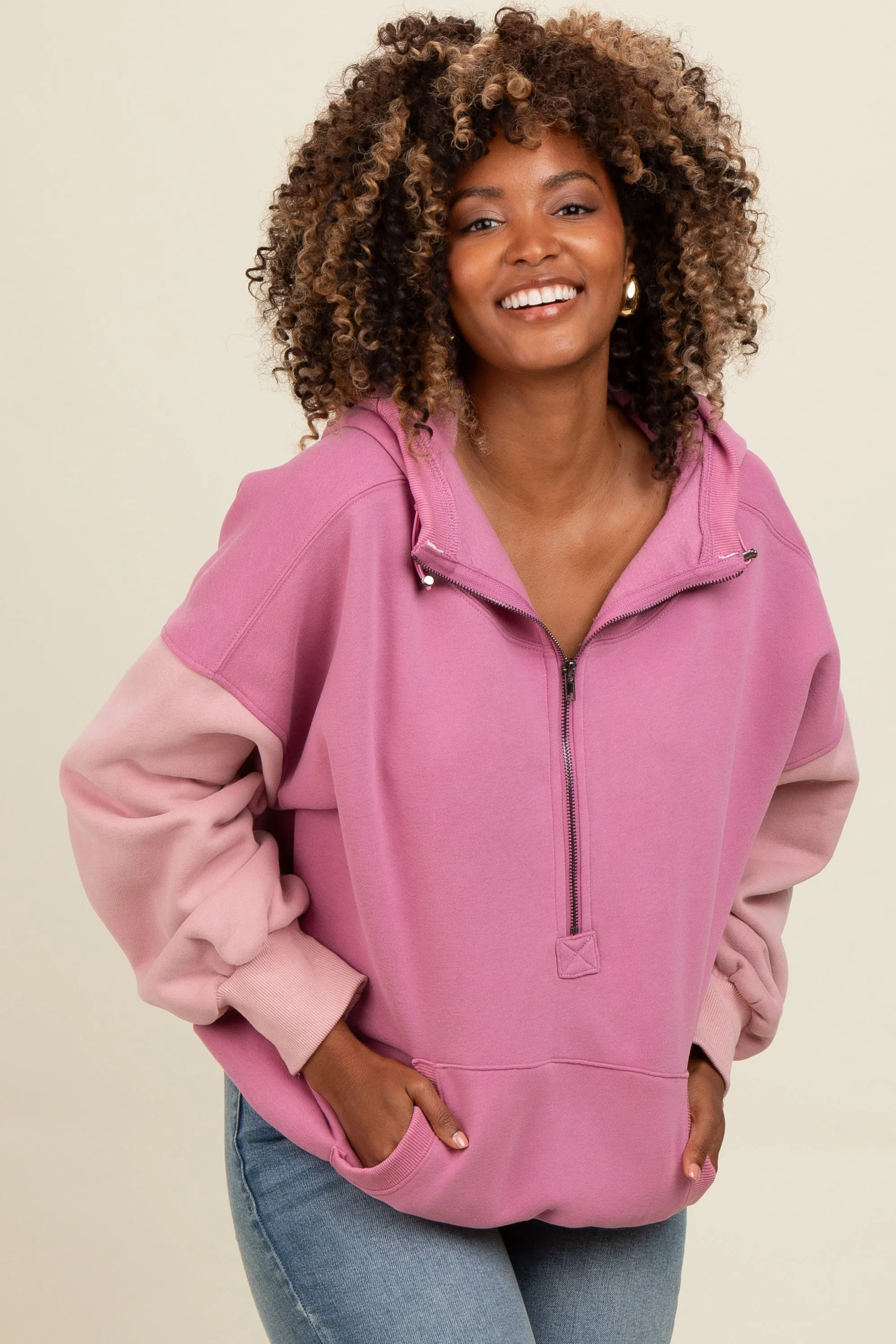 Mauve Colorblock Half Zip Hoodie sold by Pinkblush
