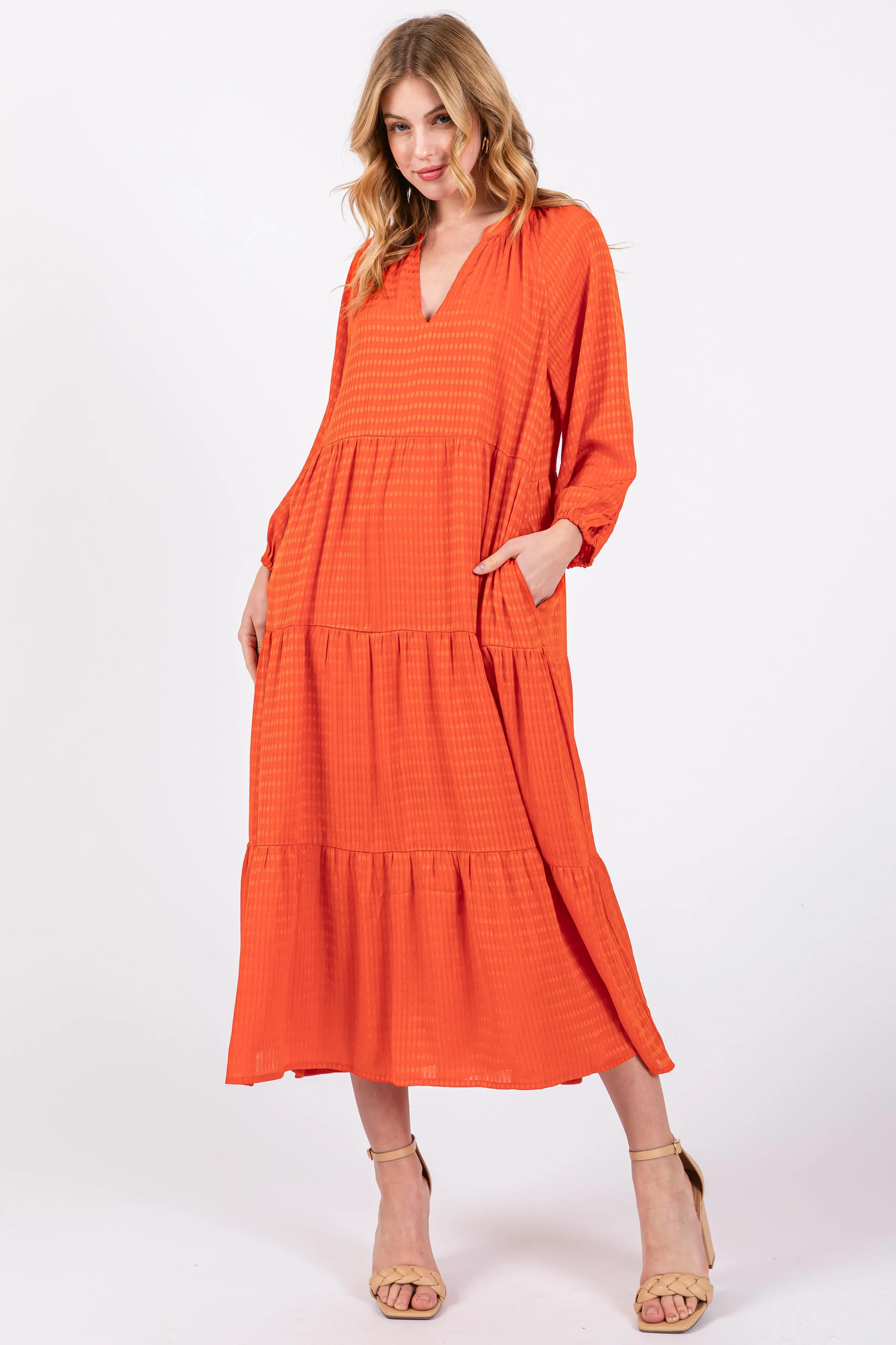 Orange Textured Tiered Midi Dress sold by Pinkblush