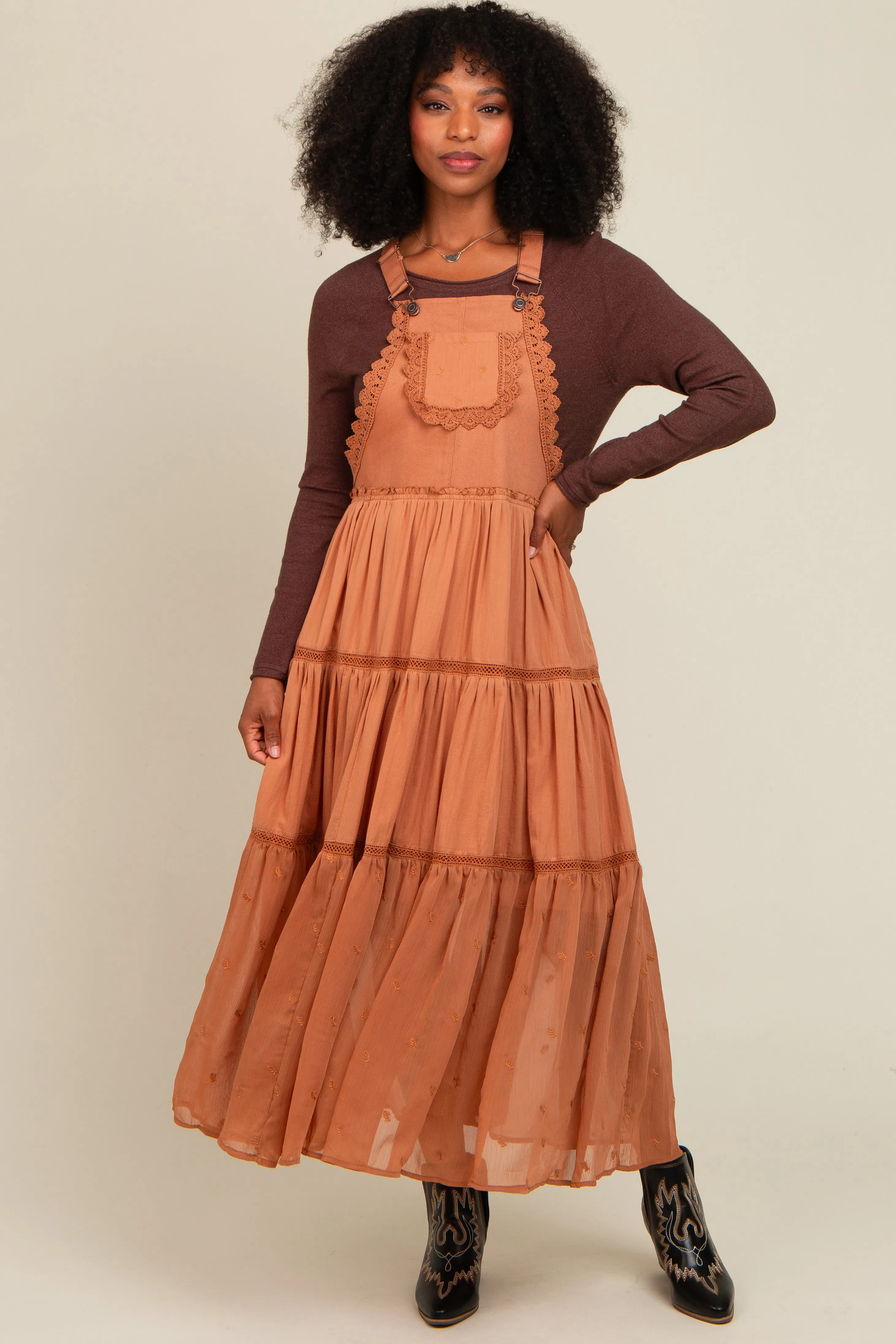 Camel Overall Crochet Lace Tiered Maternity Dress sold by Pinkblush product image thumbnail 4
