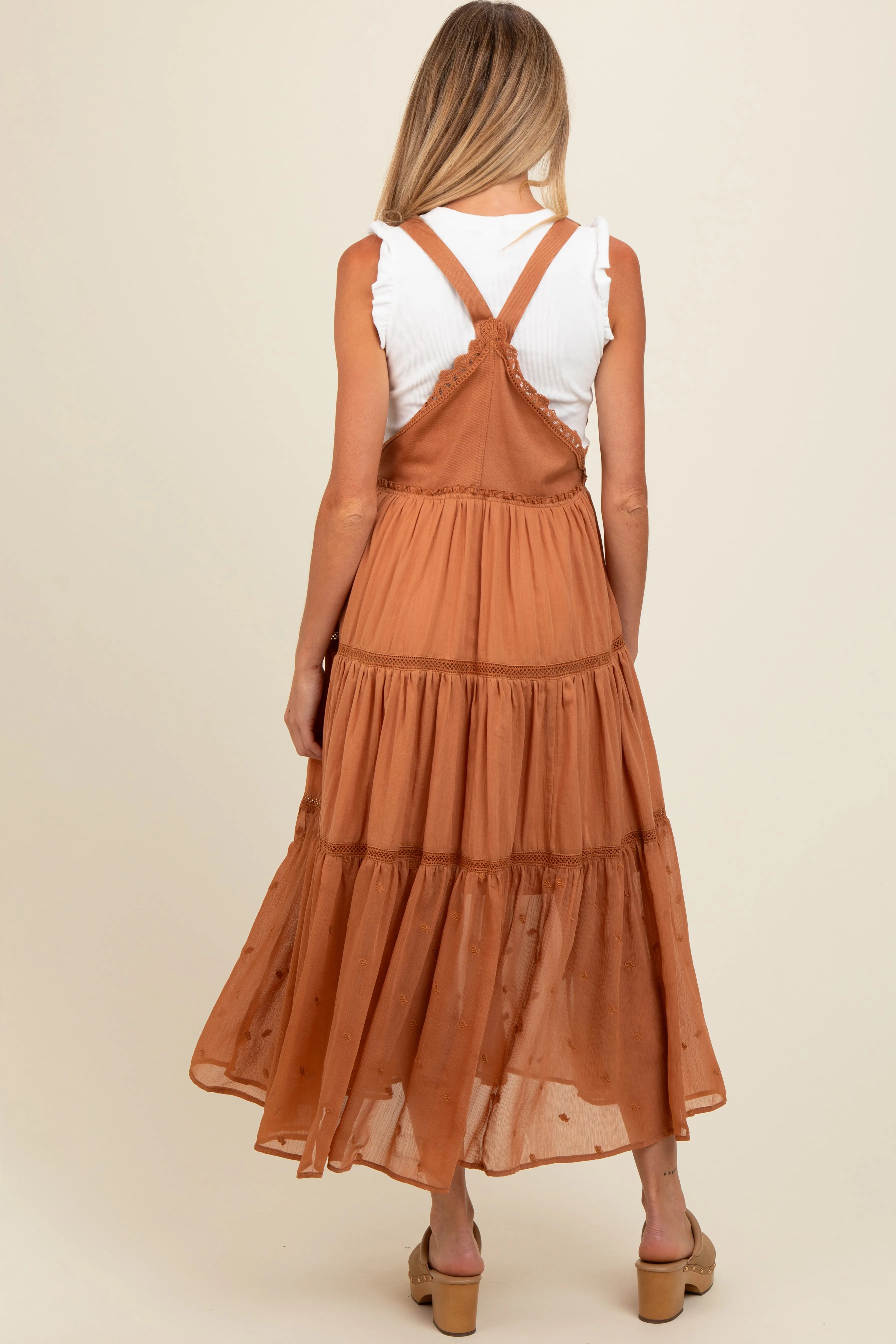 Camel Overall Crochet Lace Tiered Maternity Dress sold by Pinkblush product image thumbnail 3