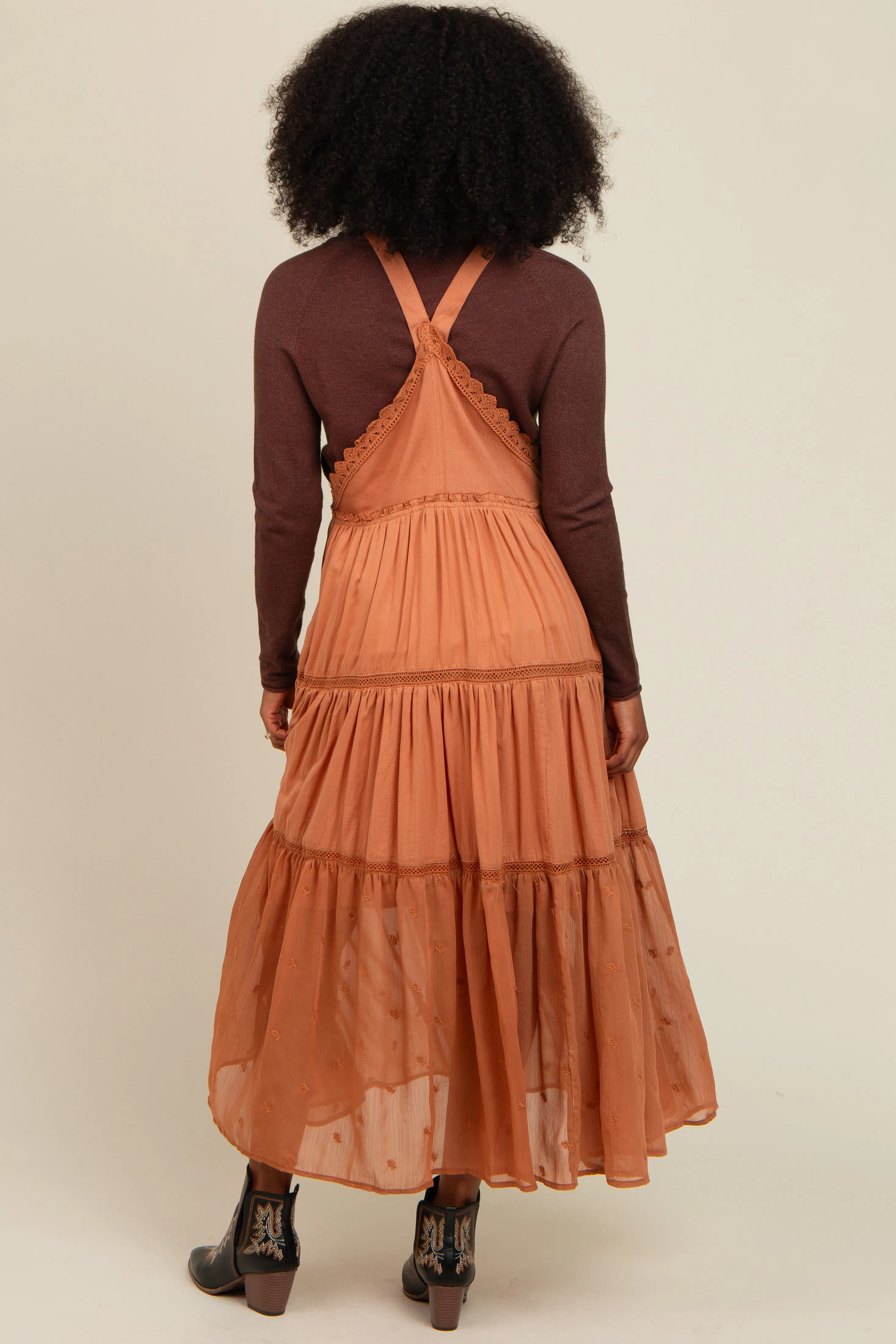 Camel Overall Crochet Lace Tiered Dress sold by Pinkblush product image thumbnail 4