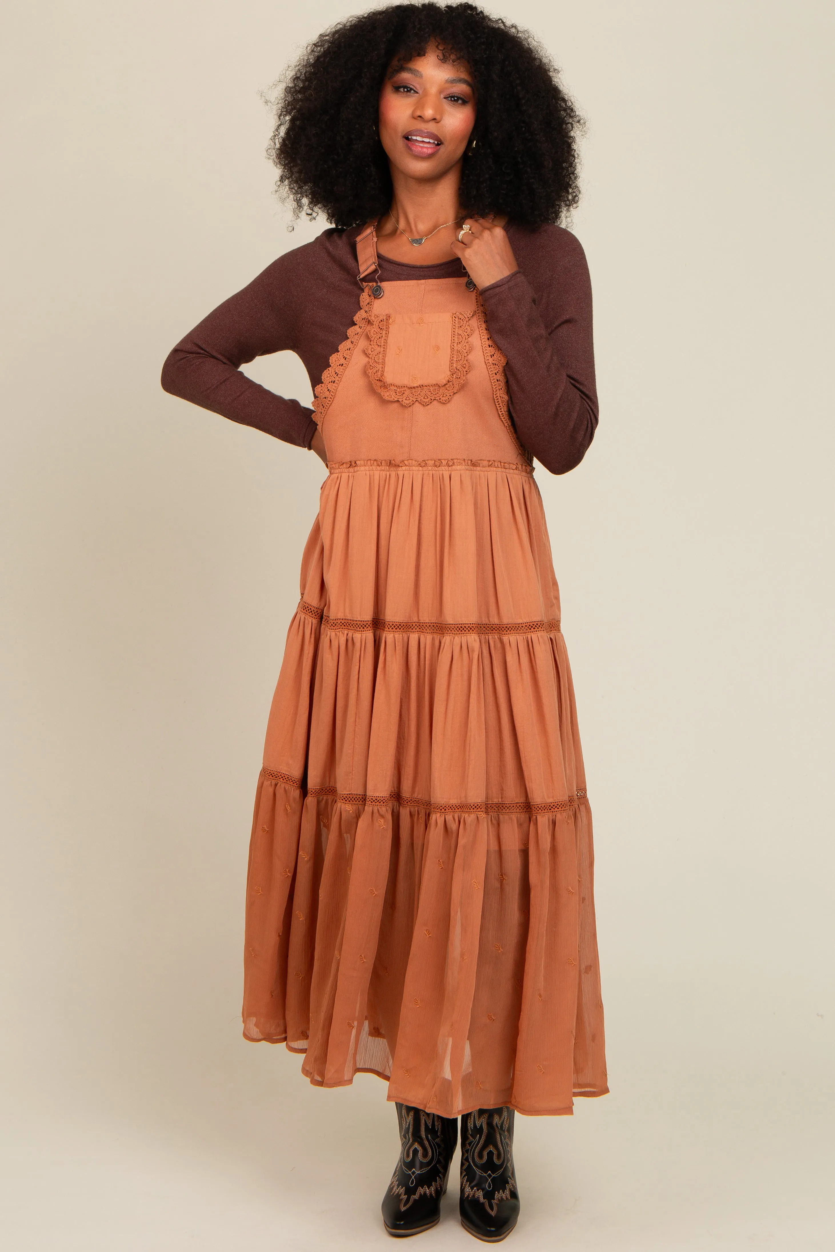 Camel Overall Crochet Lace Tiered Dress sold by Pinkblush product image thumbnail 2
