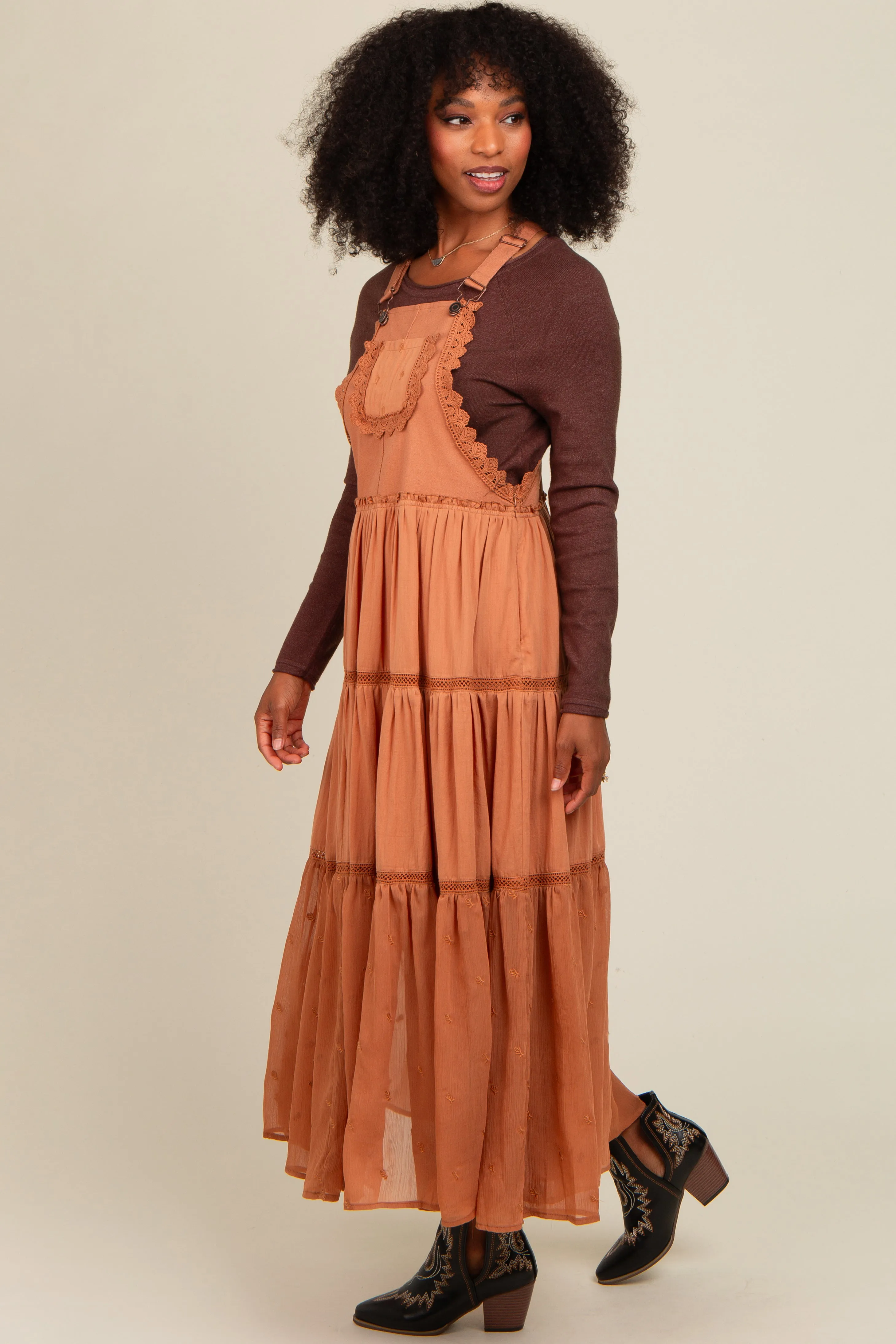 Camel Overall Crochet Lace Tiered Dress sold by Pinkblush product image thumbnail 3