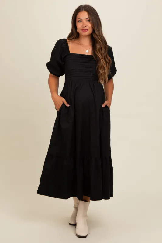 Black Pleated Bodice Puff Sleeve Maternity Midi Dress sold by Pinkblush
