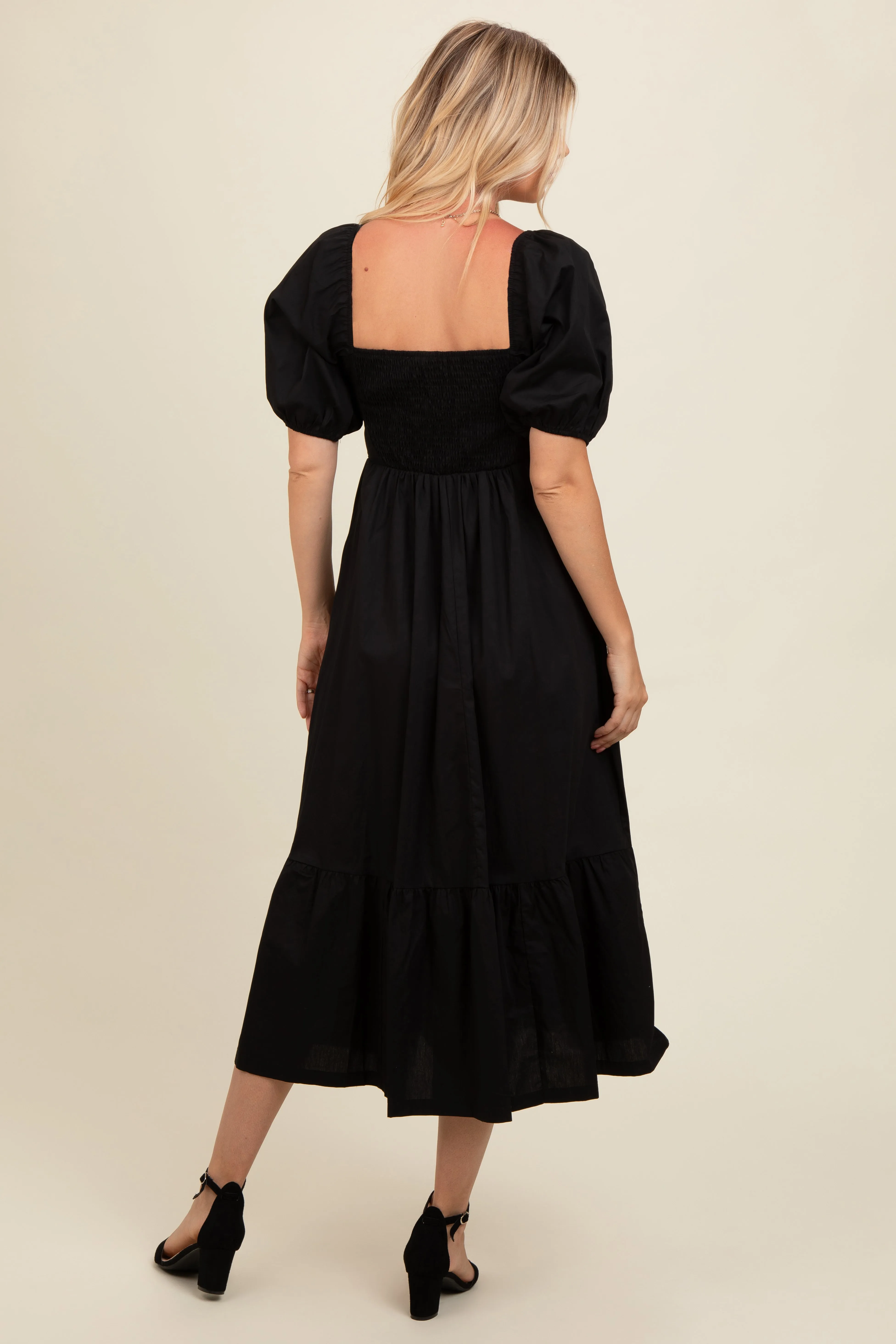Black Pleated Bodice Puff Sleeve Midi Dress sold by Pinkblush product image thumbnail 4