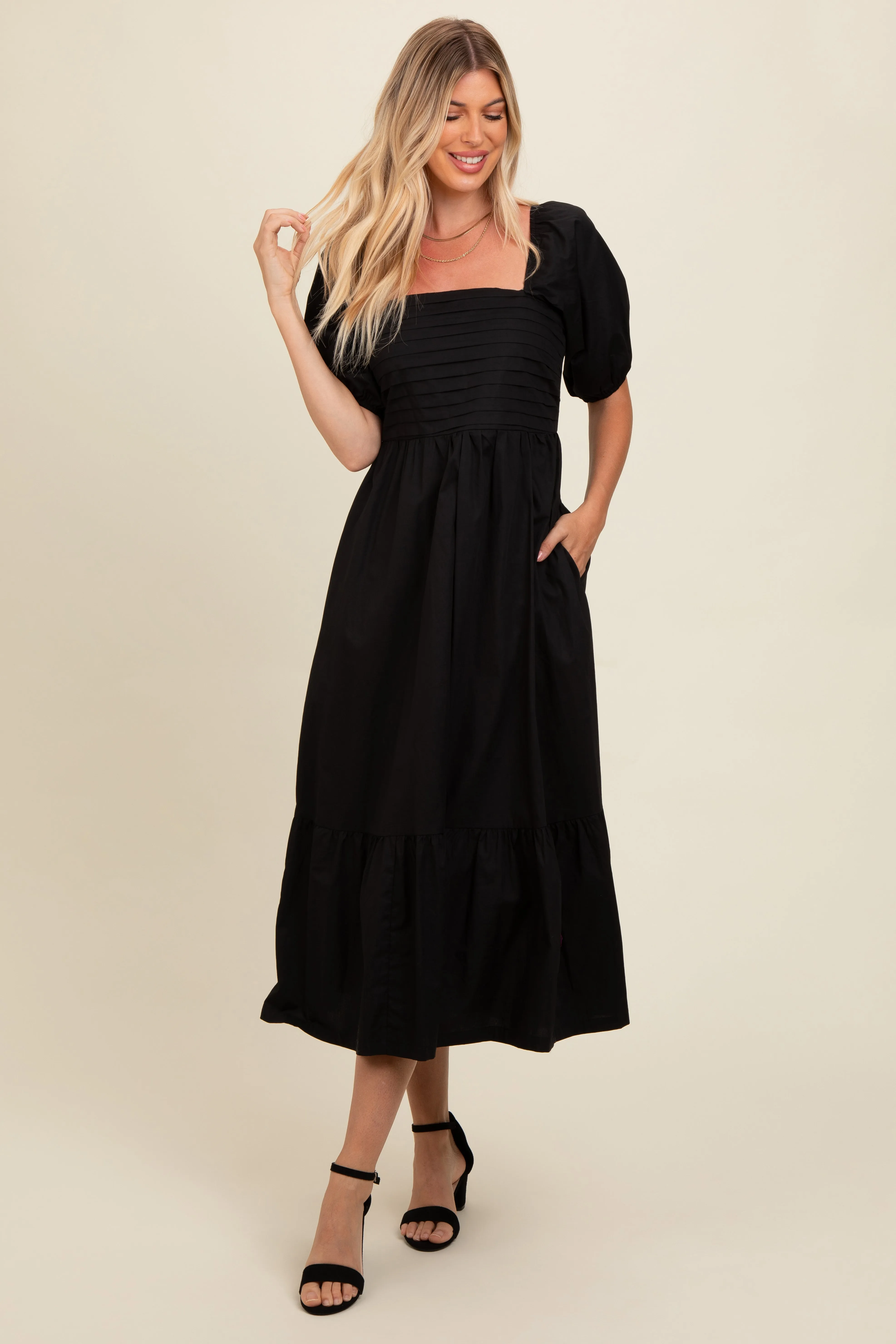 Black Pleated Bodice Puff Sleeve Midi Dress sold by Pinkblush