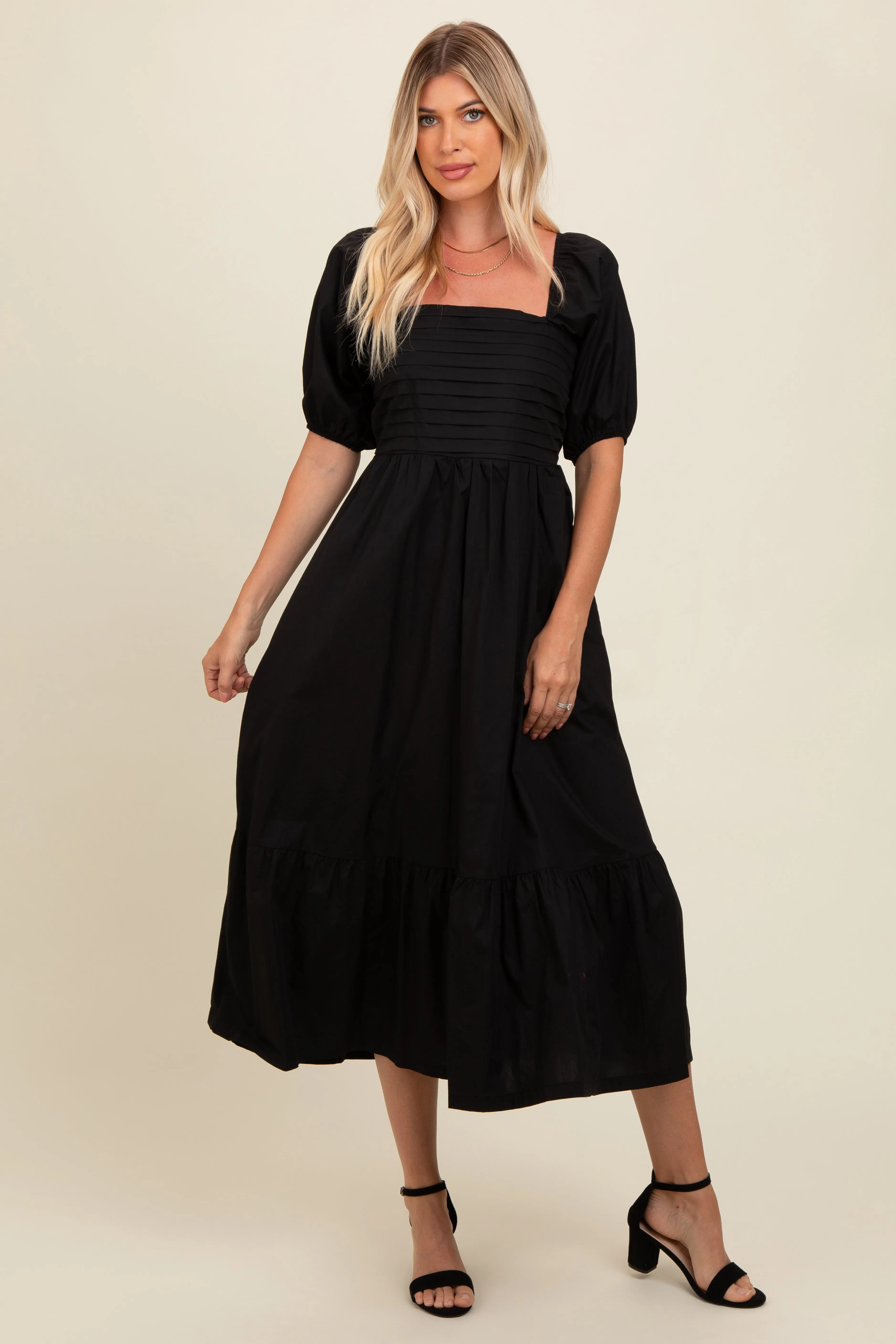 Black Pleated Bodice Puff Sleeve Midi Dress sold by Pinkblush product image thumbnail 2