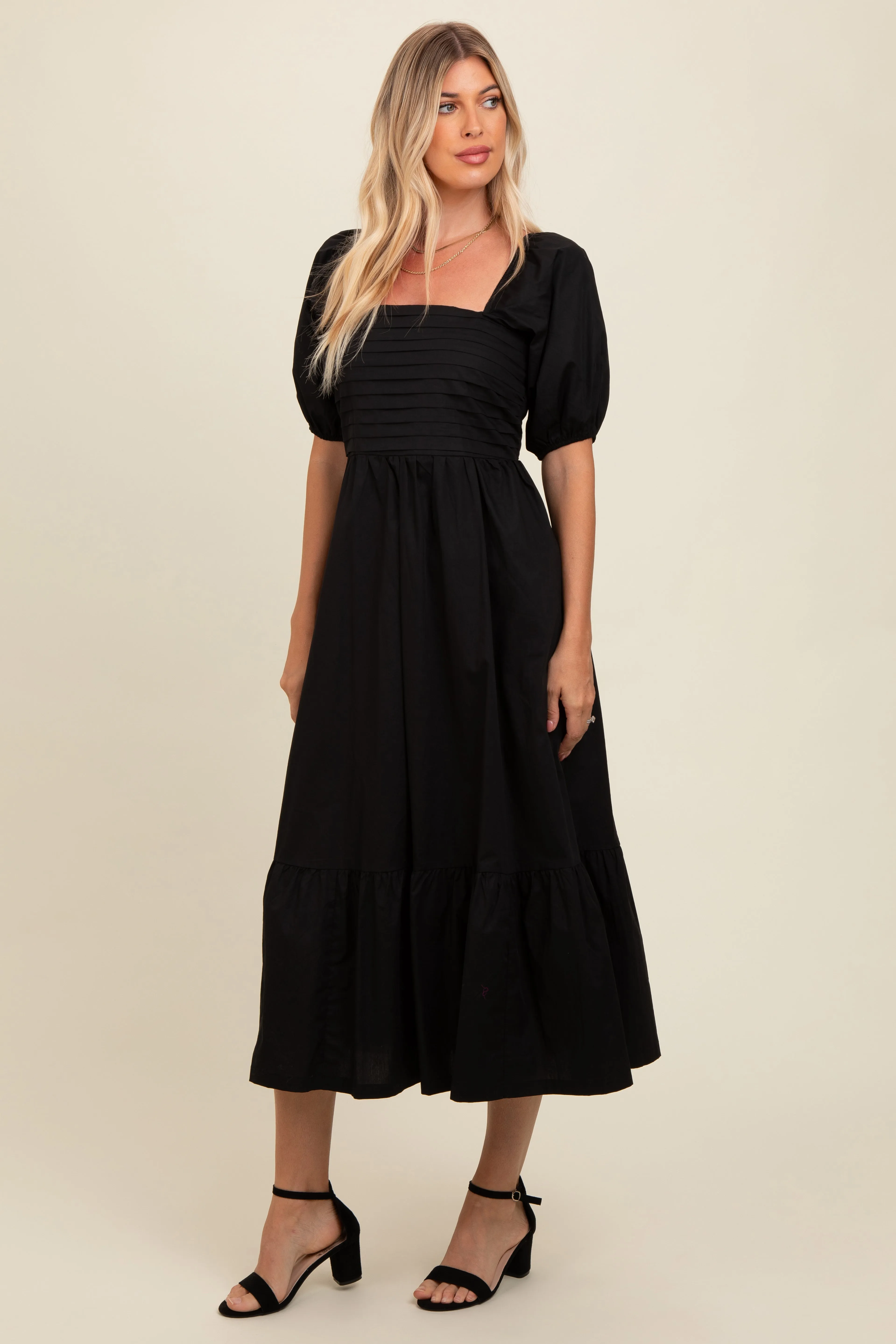 Black Pleated Bodice Puff Sleeve Midi Dress sold by Pinkblush product image thumbnail 3