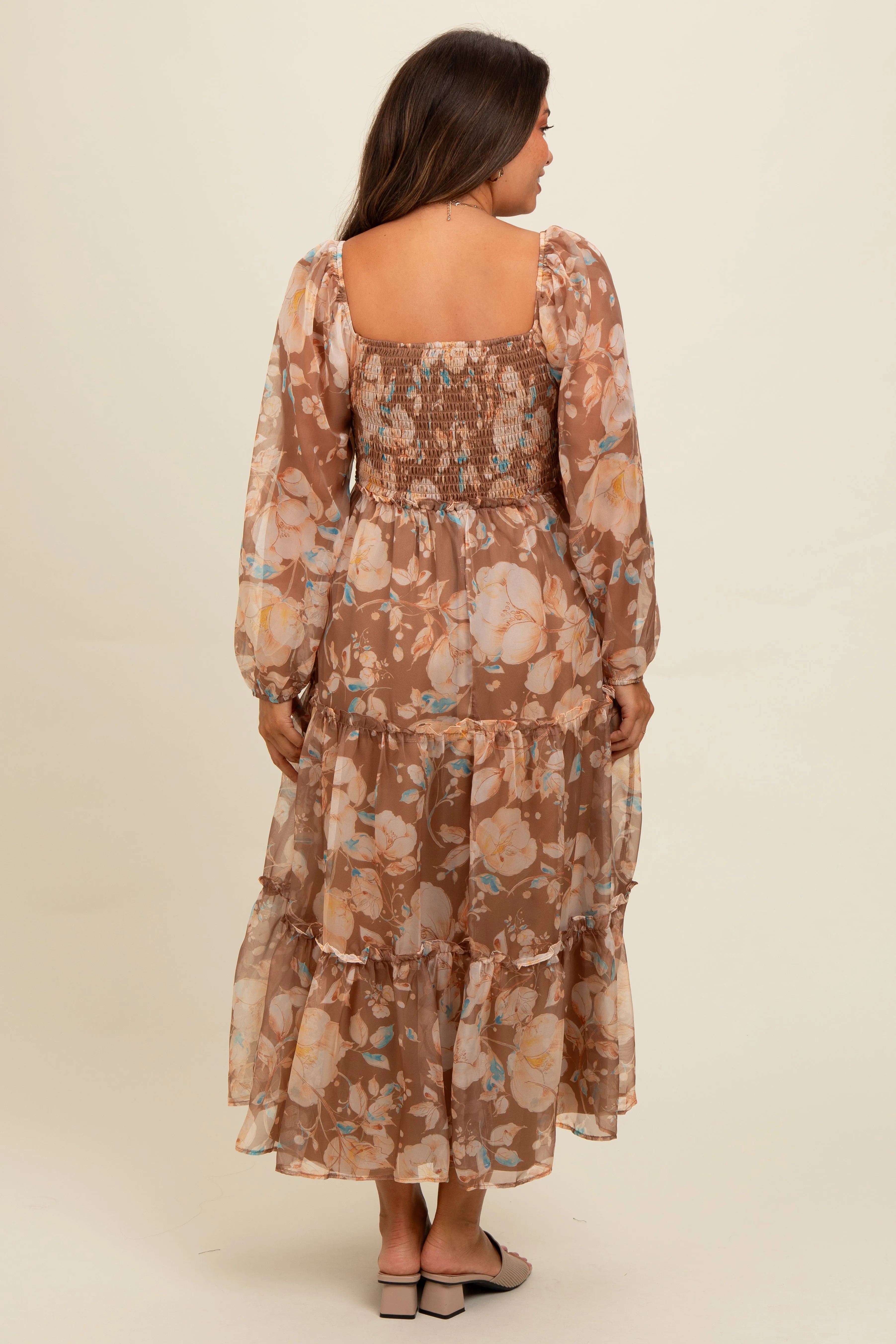 Mocha Floral Square Neck Smocked Maternity Midi Dress sold by Pinkblush product image thumbnail 3