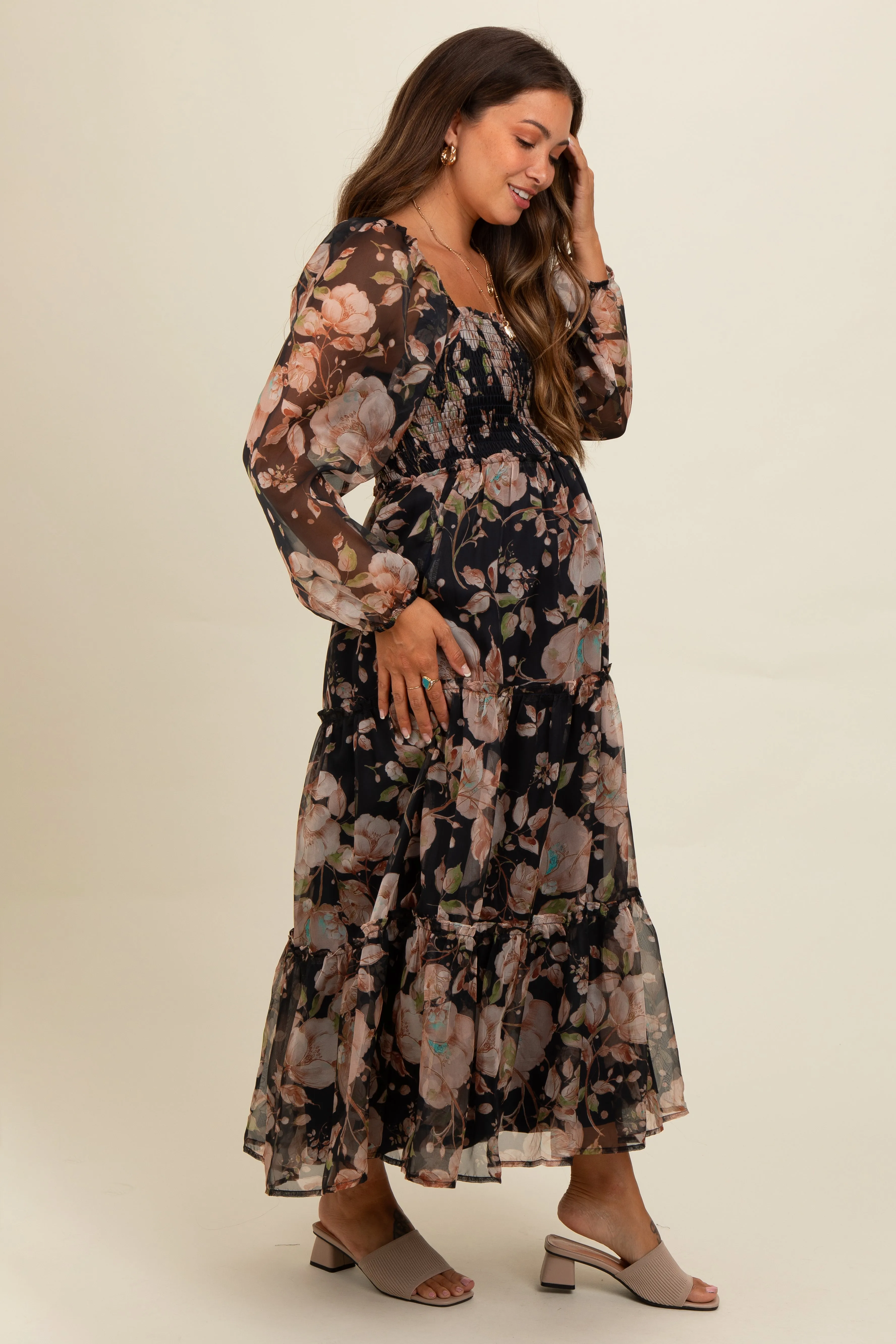 Navy Floral Square Neck Smocked Maternity Midi Dress sold by Pinkblush product image thumbnail 2