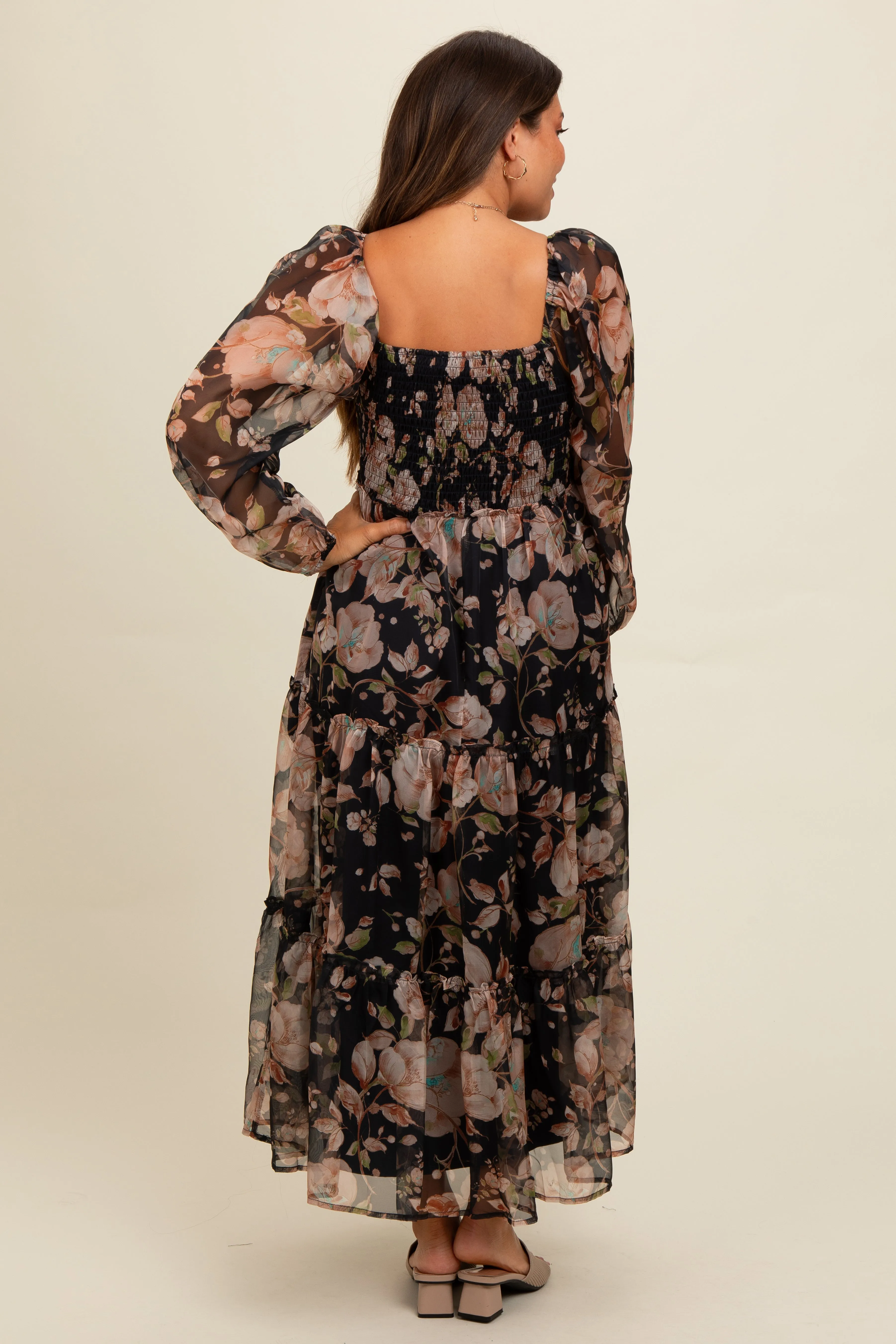 Navy Floral Square Neck Smocked Maternity Midi Dress sold by Pinkblush product image thumbnail 3