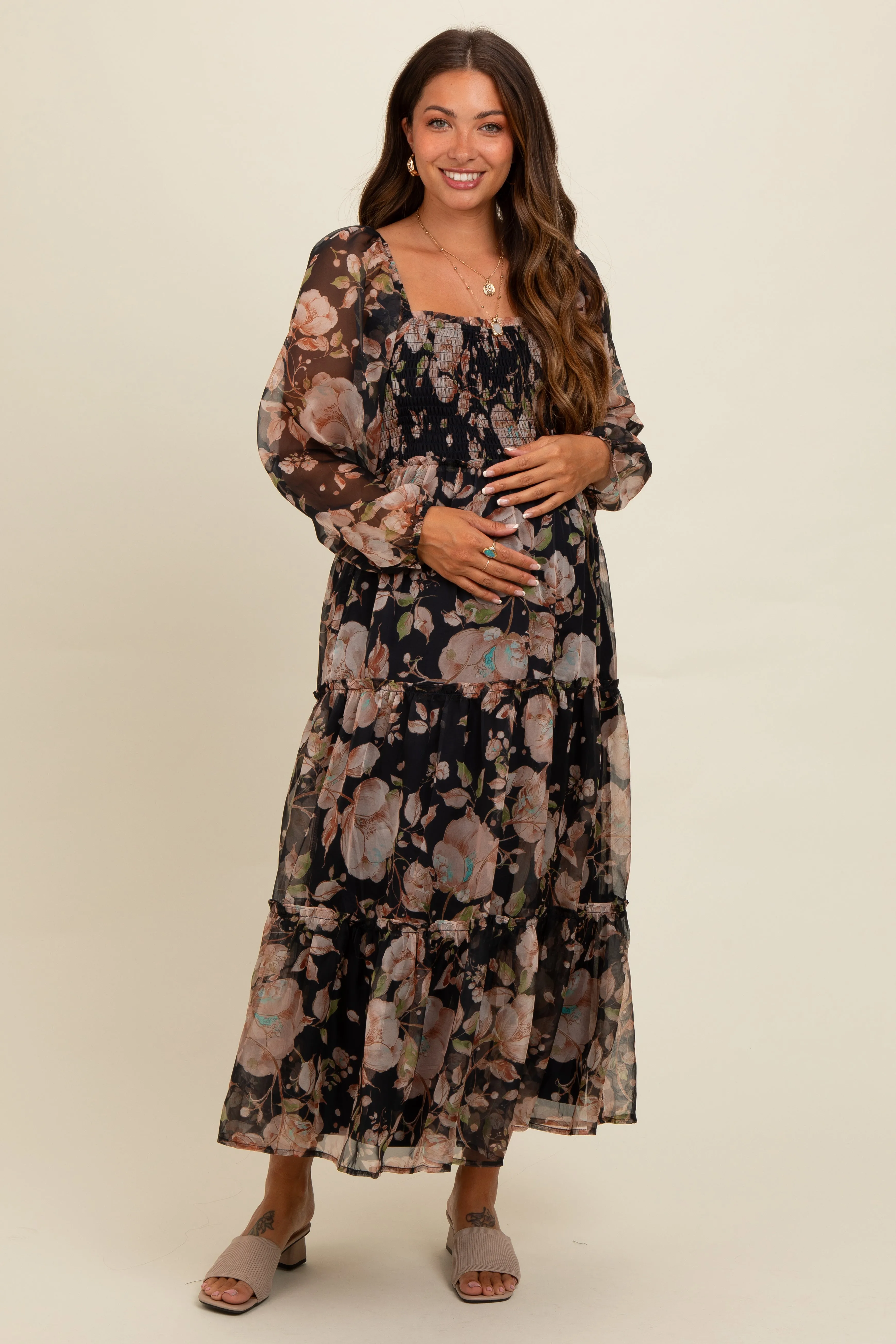 Navy Floral Square Neck Smocked Maternity Midi Dress sold by Pinkblush