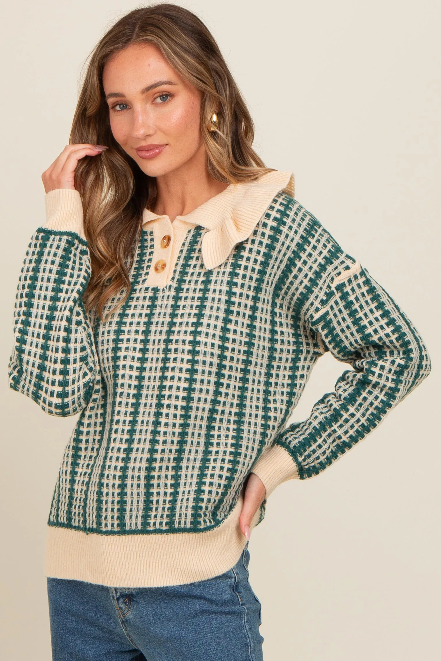 Dark Teal Ruffle Collar Button Up Waffle Knit Sweater sold by Pinkblush product image thumbnail 3