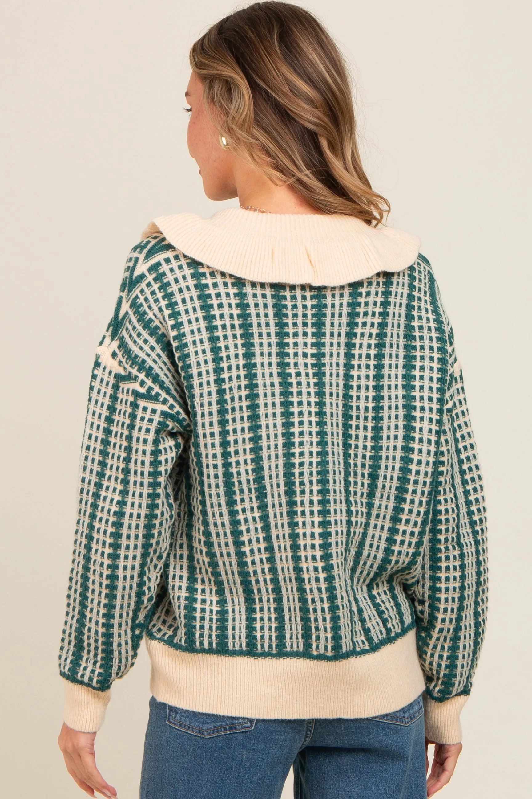 Dark Teal Ruffle Collar Button Up Waffle Knit Sweater sold by Pinkblush product image thumbnail 4