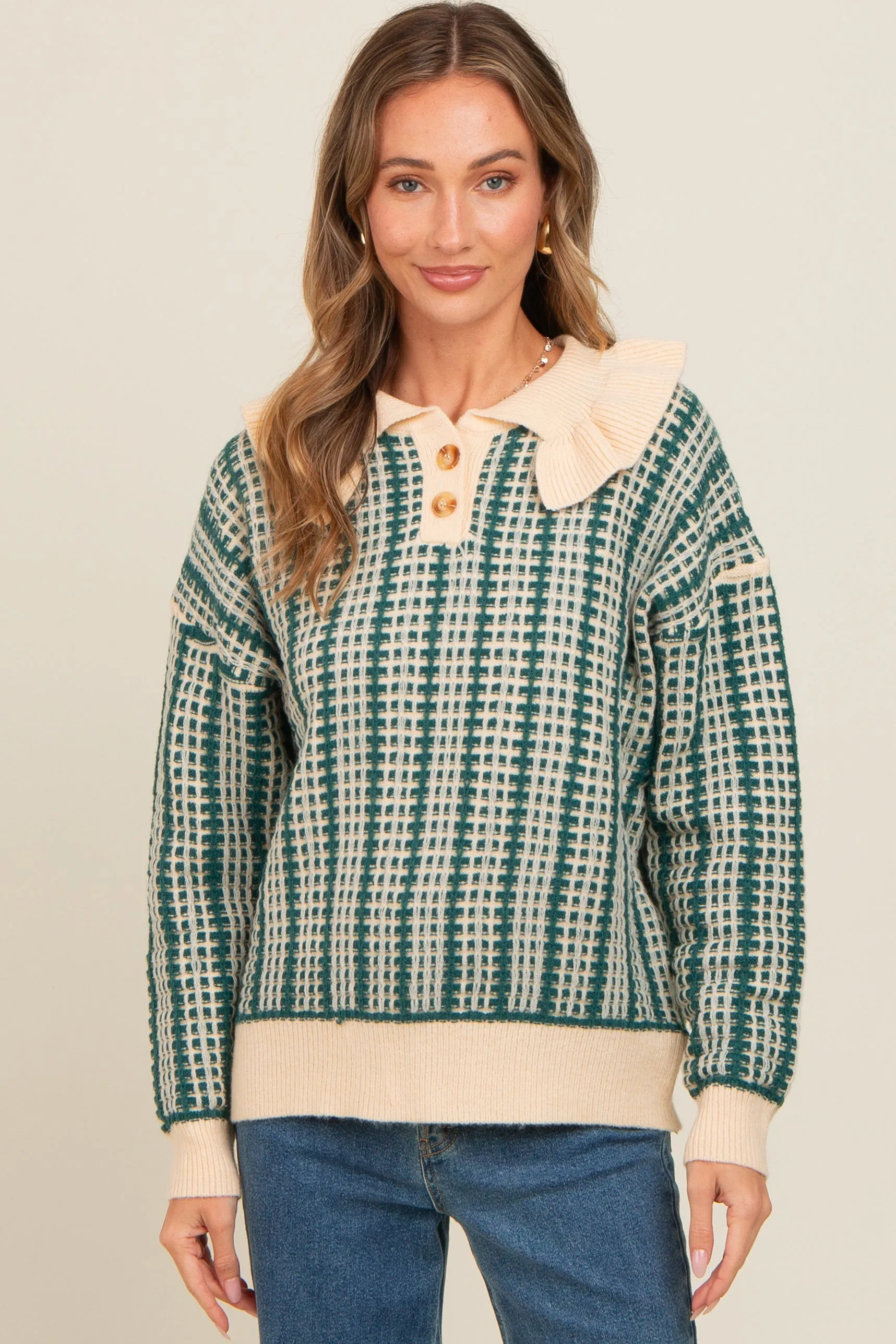 Dark Teal Ruffle Collar Button Up Waffle Knit Sweater sold by Pinkblush product image thumbnail 2