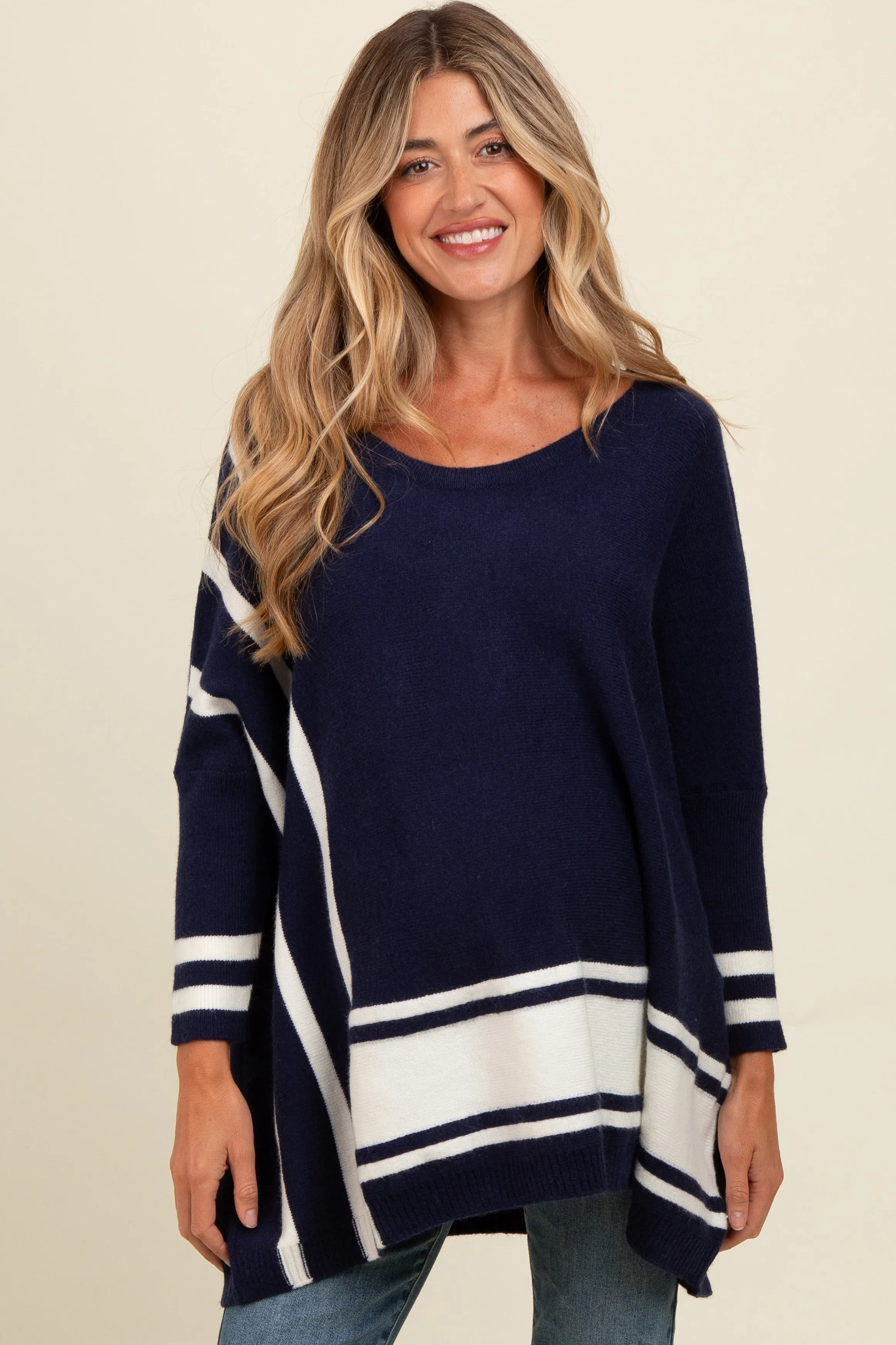 Navy Mixed Stripe Dolman Sleeve Maternity Sweater sold by Pinkblush