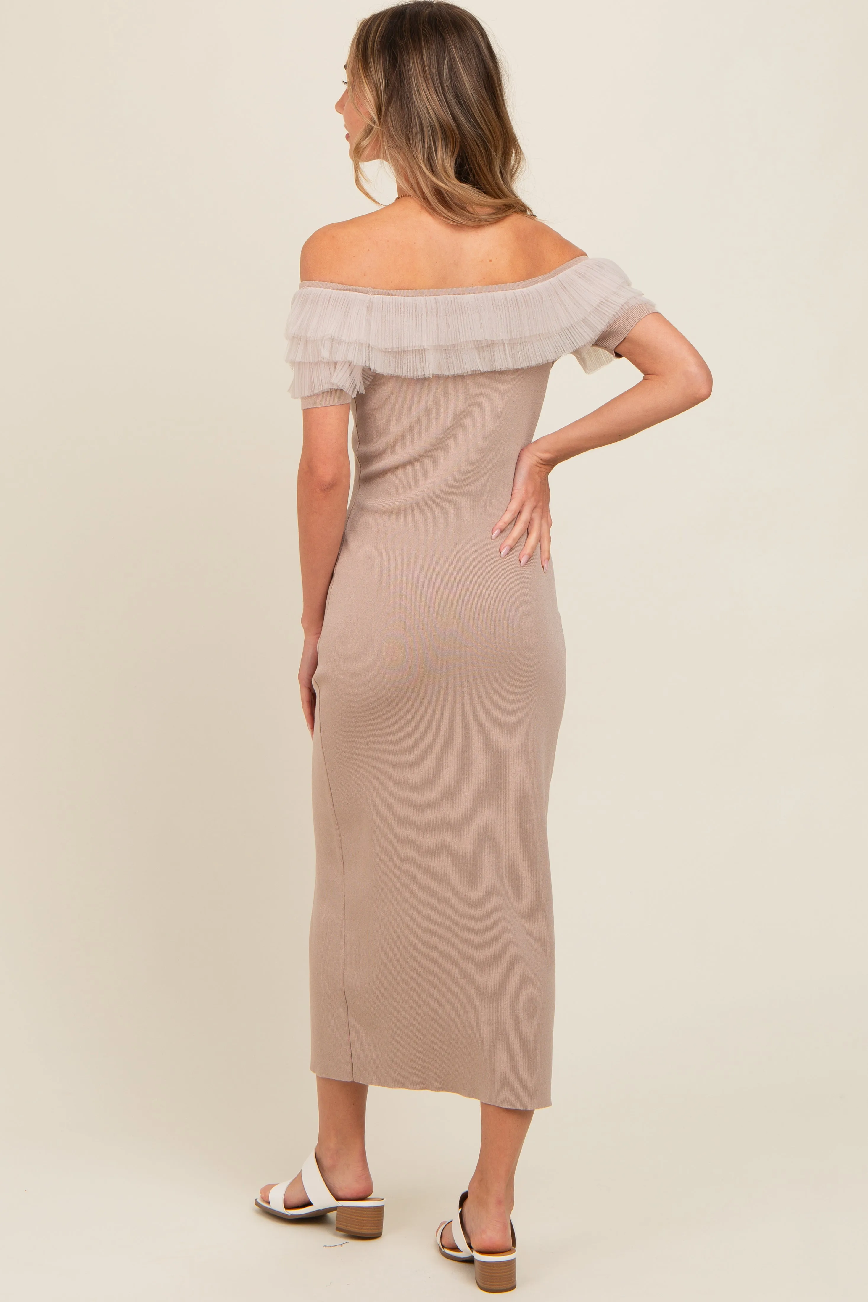 Beige Tulle Ruffle Off Shoulder Sweater Midi Dress sold by Pinkblush product image thumbnail 4