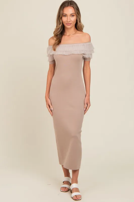 Beige Tulle Ruffle Off Shoulder Sweater Midi Dress sold by Pinkblush