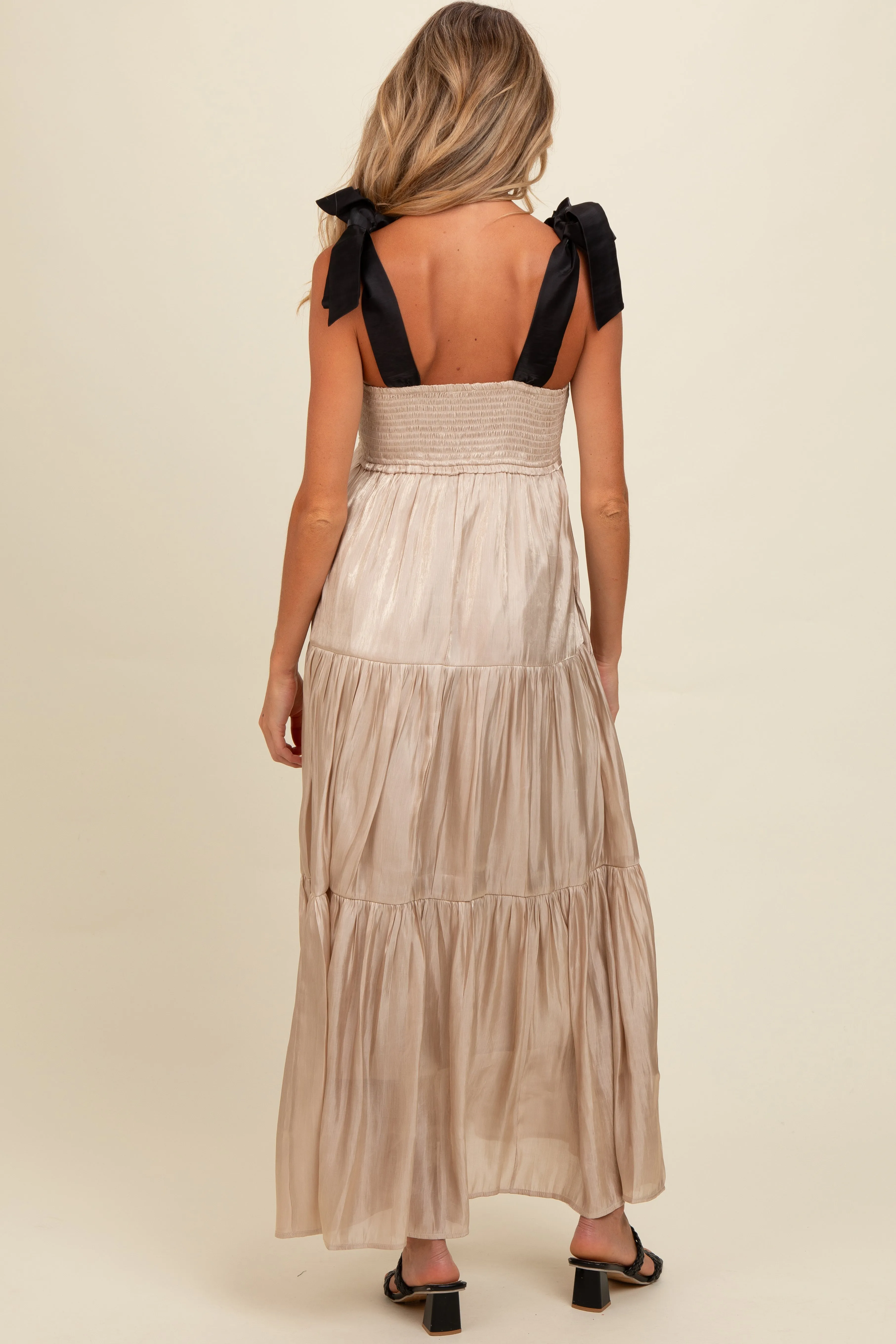 Beige Tiered Satin Tie-Strap Maternity Maxi Dress sold by Pinkblush product image thumbnail 3