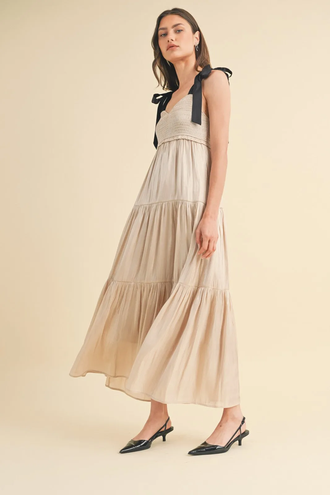 Beige Tiered Satin Tie-Strap Maternity Maxi Dress sold by Pinkblush product image thumbnail 4