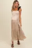 Beige Tiered Satin Tie-Strap Maternity Maxi Dress sold by Pinkblush