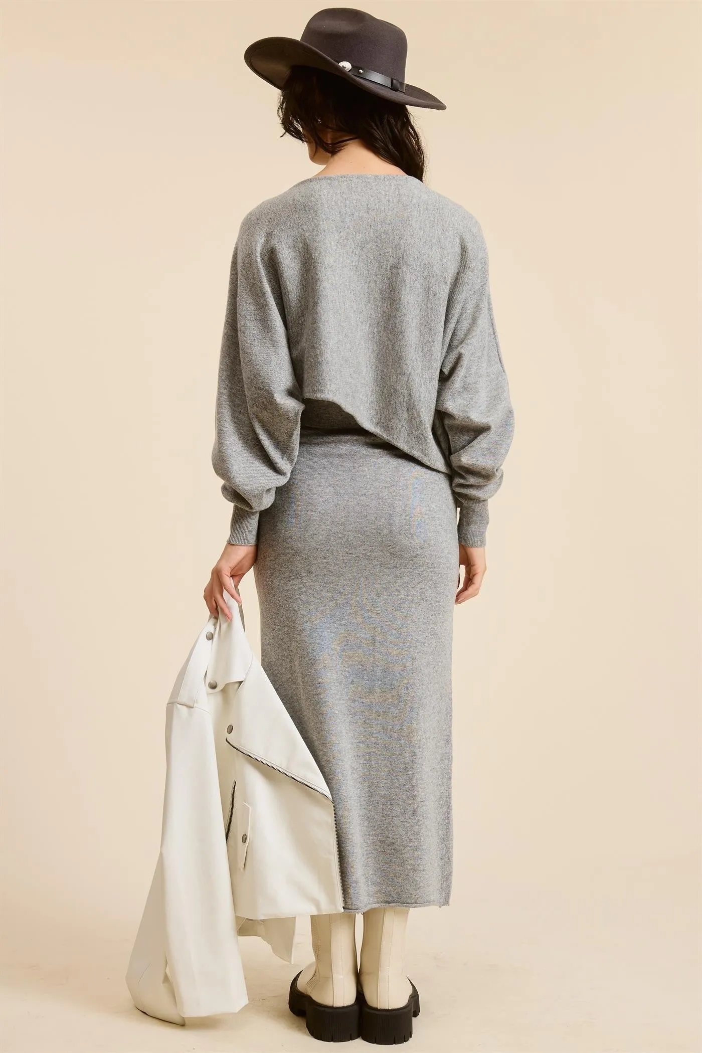 Beige Knit Asymmetrical Top Midi Skirt Set sold by Pinkblush product image thumbnail 3