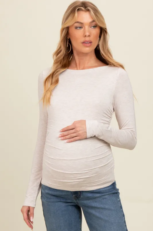 Beige Ruched Long Sleeve Maternity Top sold by Pinkblush