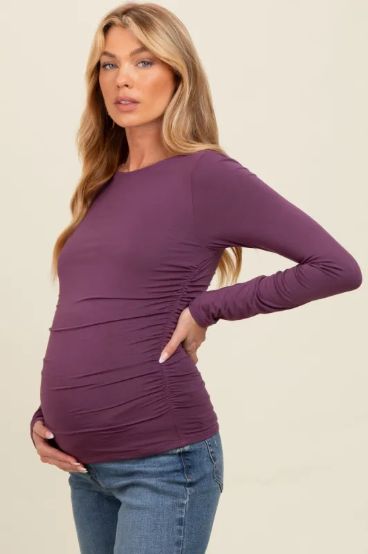 Plum Ruched Long Sleeve Maternity Top sold by Pinkblush