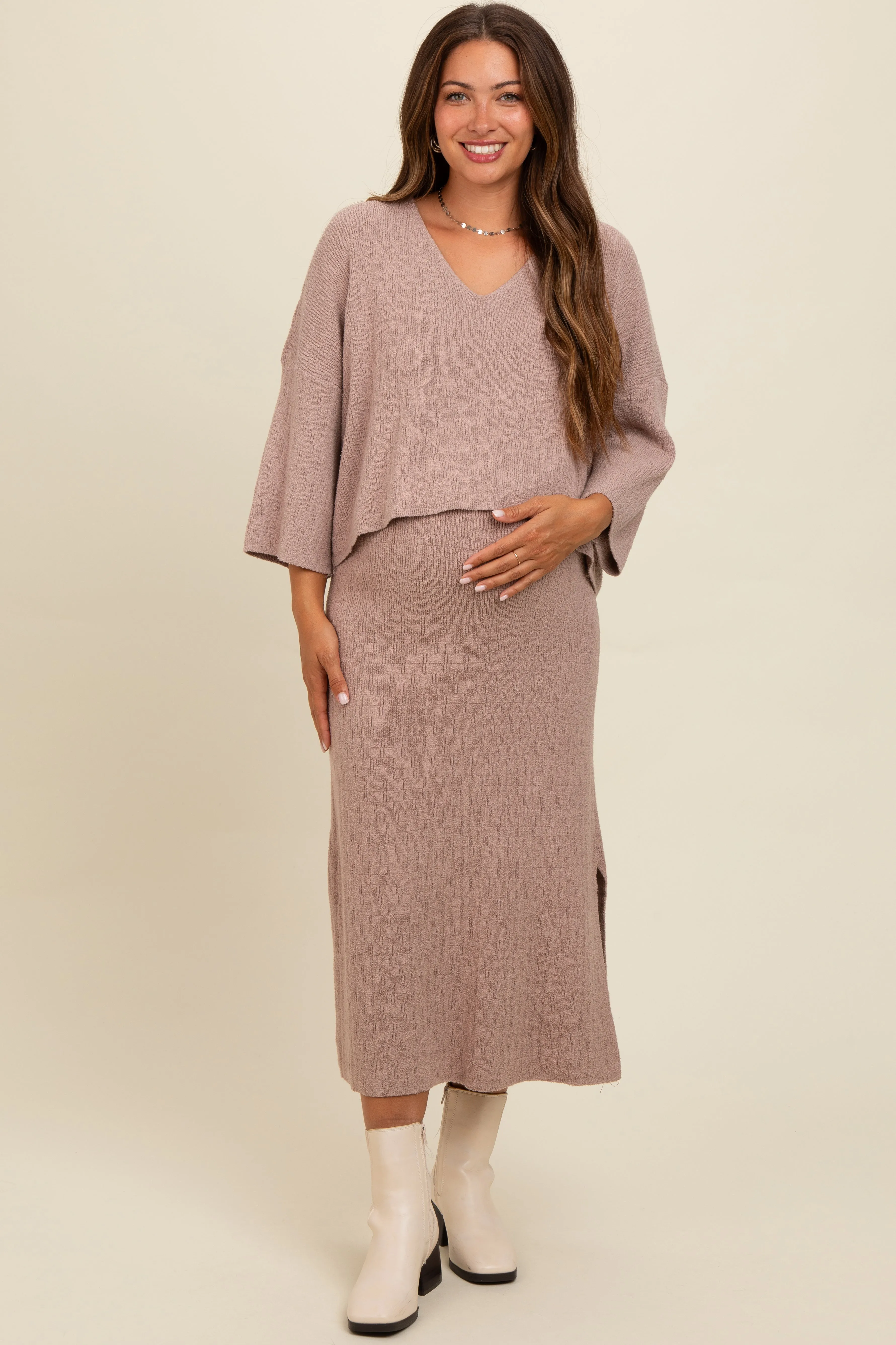 Mocha Textured Knit Top And Midi Skirt Maternity Set sold by Pinkblush