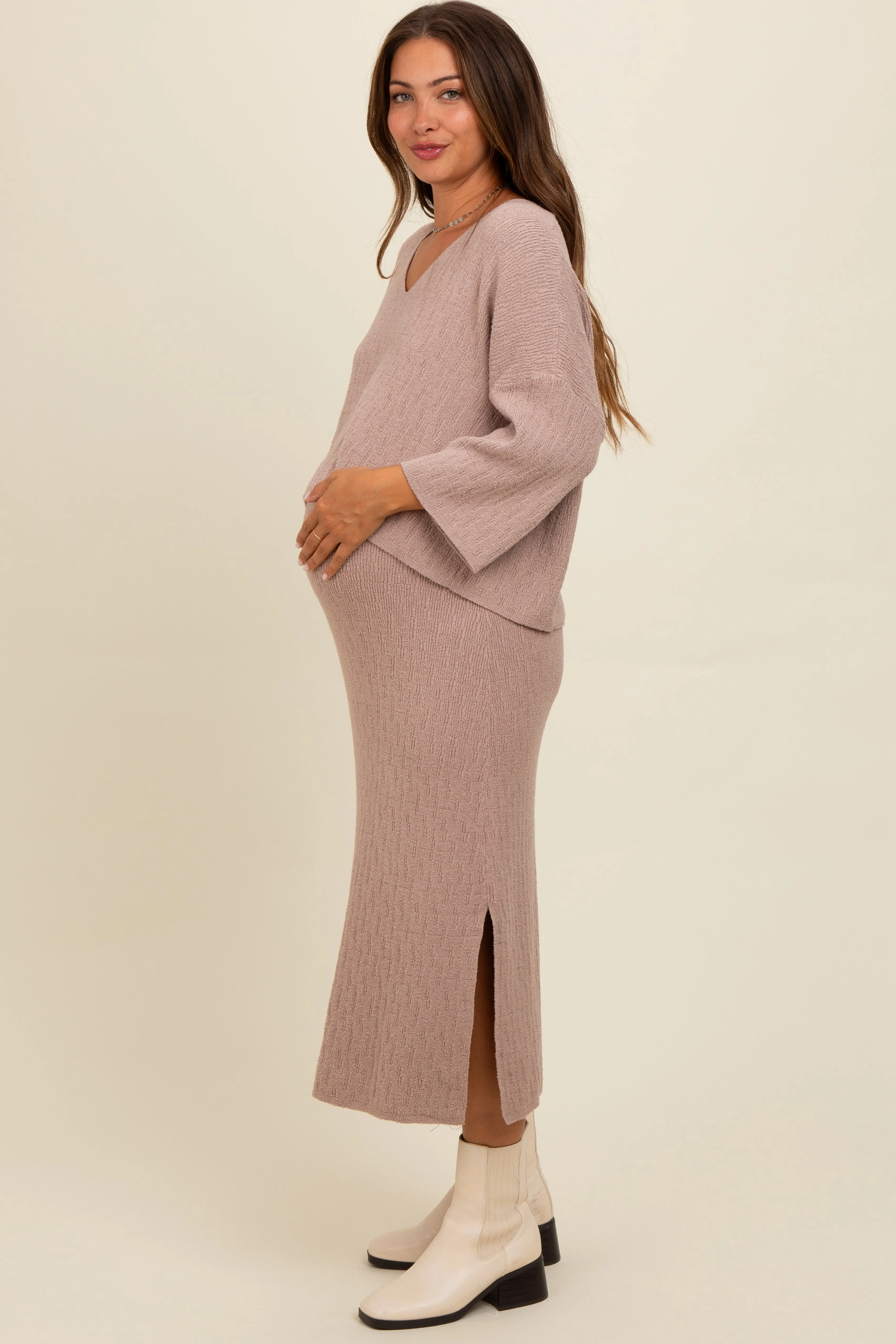Mocha Textured Knit Top And Midi Skirt Maternity Set sold by Pinkblush product image thumbnail 2