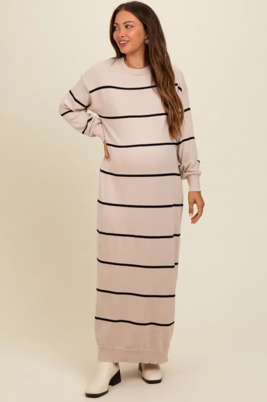 Beige Striped Knit Drop Shoulder Maternity Midi Dress sold by Pinkblush