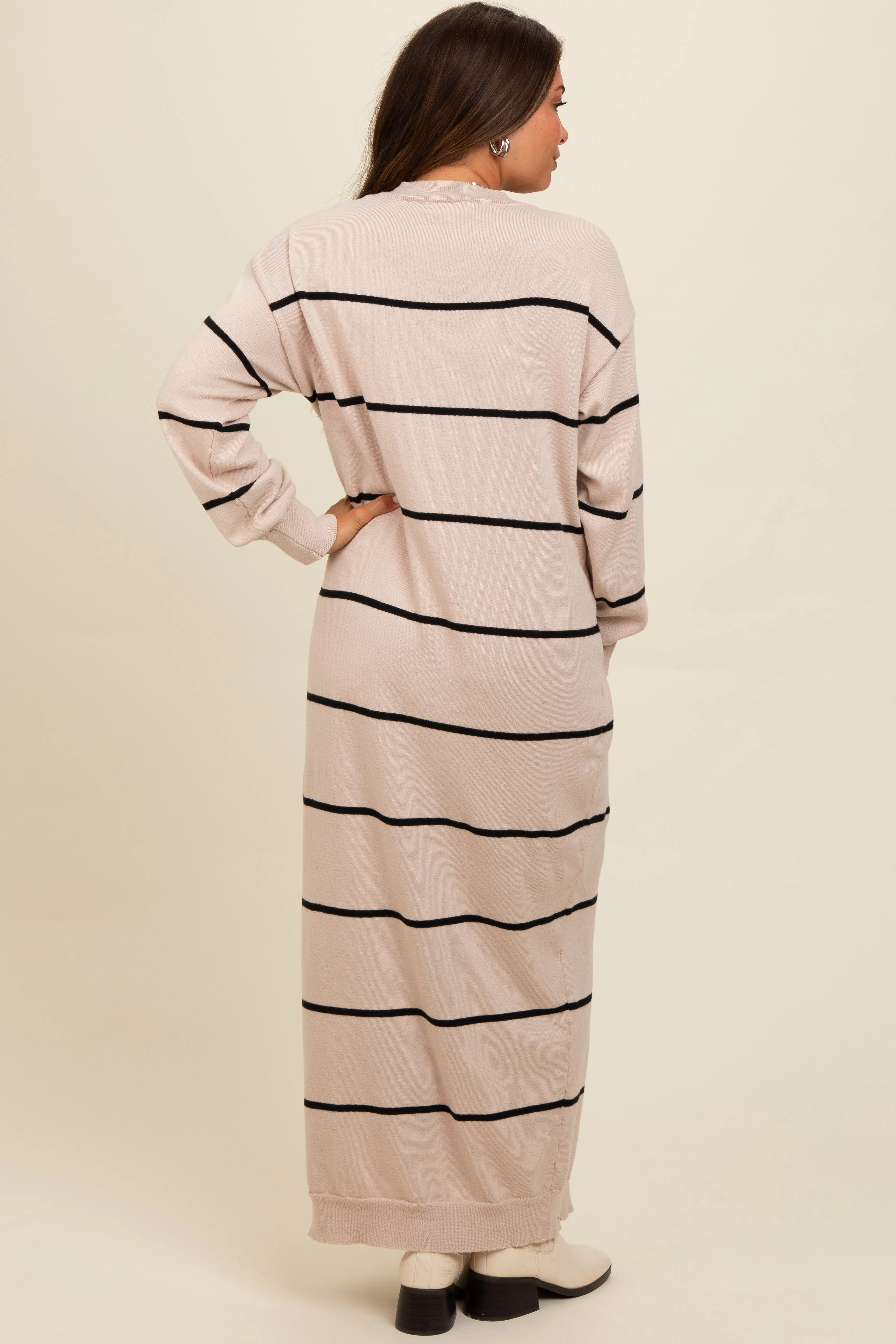 Beige Striped Knit Drop Shoulder Maternity Midi Dress sold by Pinkblush product image thumbnail 2