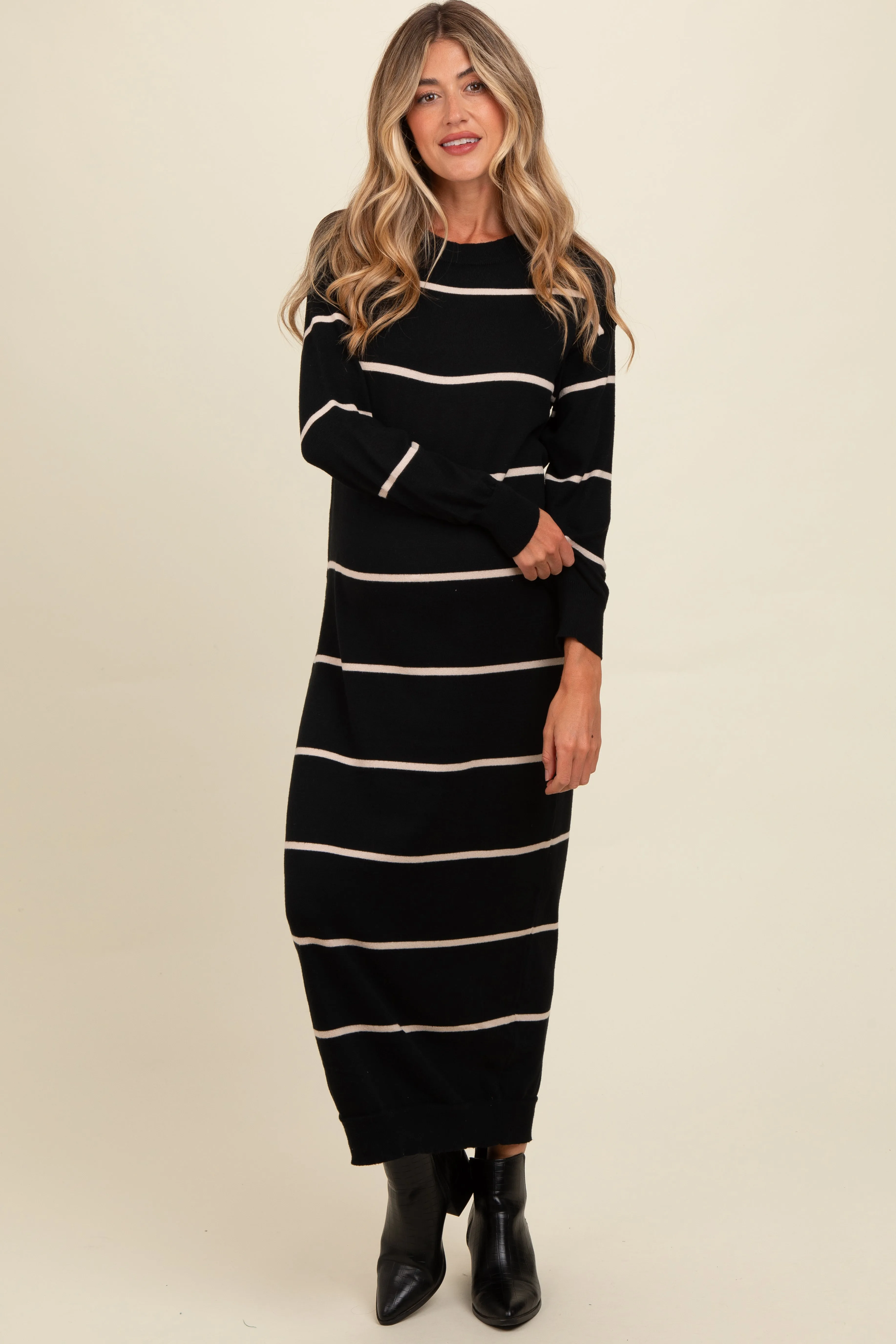 Black Striped Knit Drop Shoulder Maternity Midi Dress sold by Pinkblush product image thumbnail 2