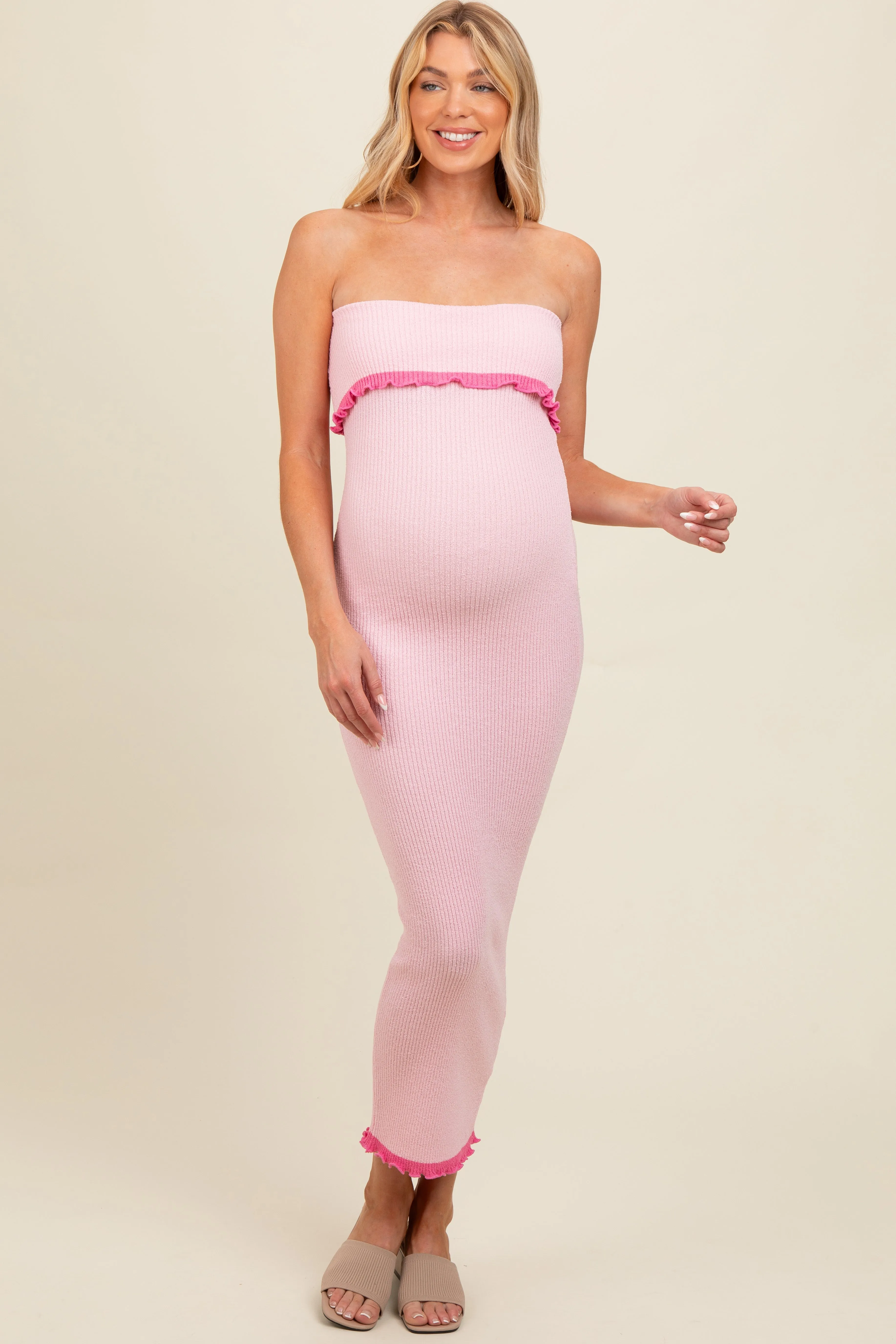 Pink Contrast Trim Maternity Strapless Knit Dress sold by Pinkblush