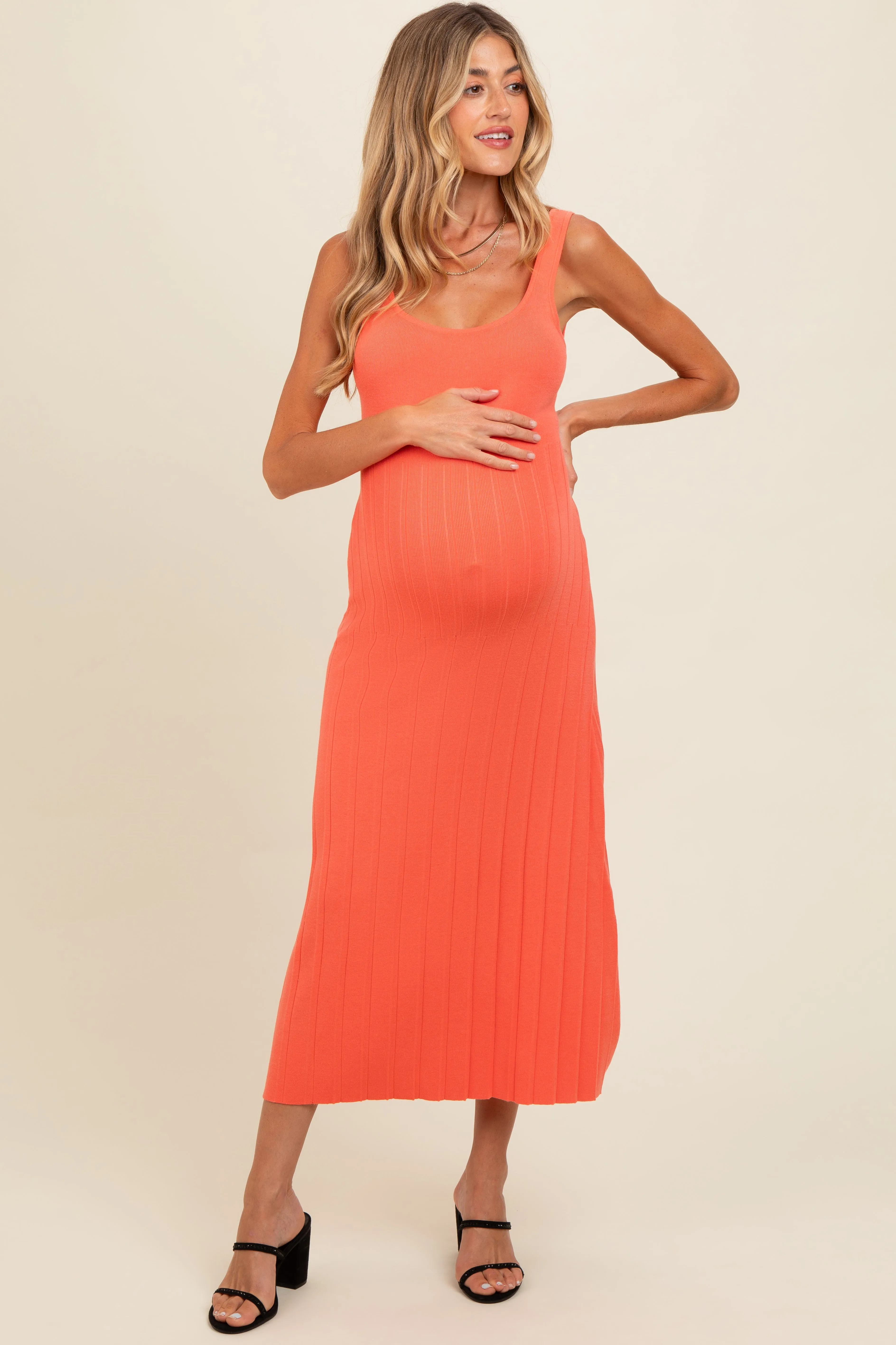 Orange Knit Ribbed Fitted Maternity Midi Dress sold by Pinkblush