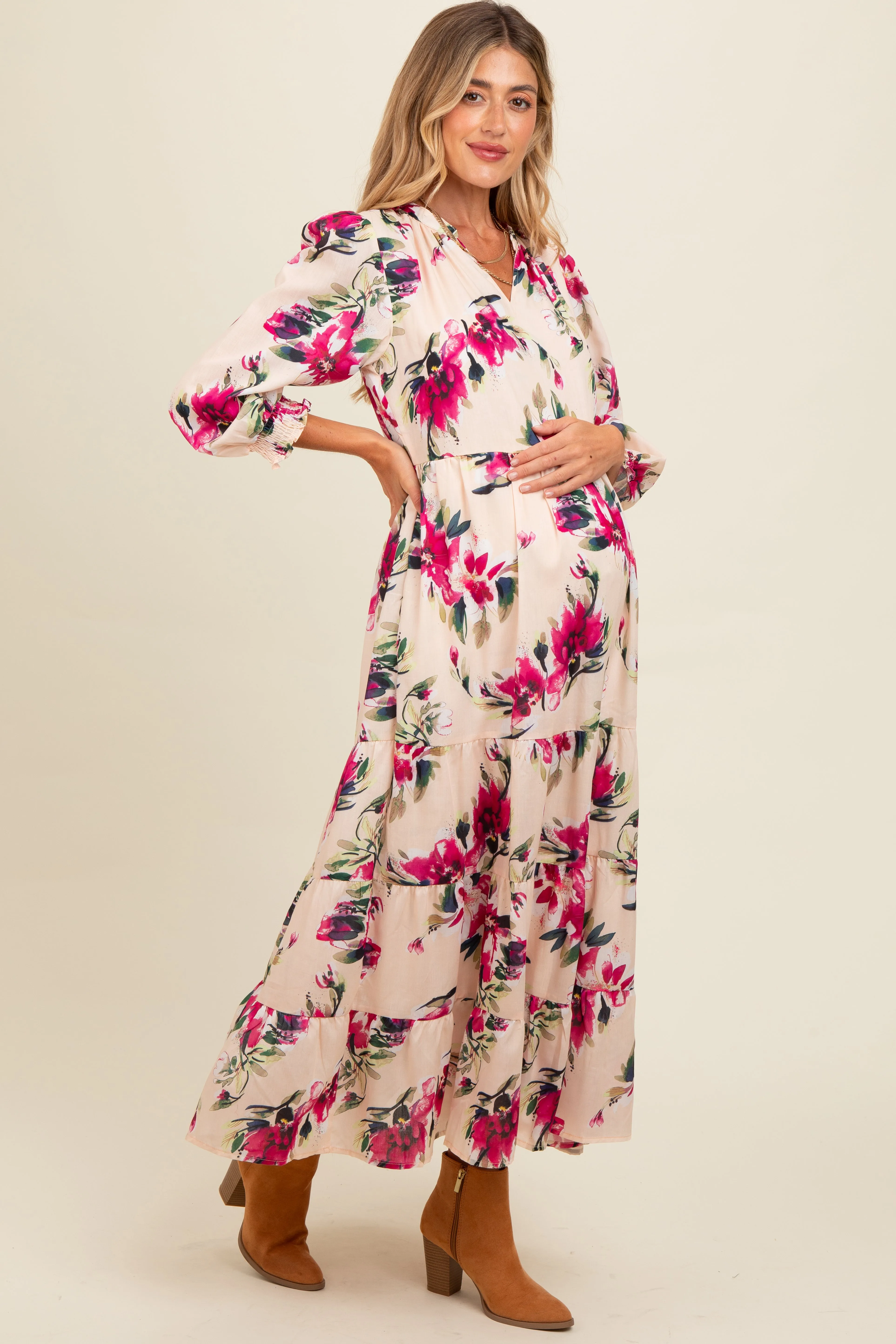 Peach Floral V-Neck Tiered Maternity Midi Dress sold by Pinkblush product image thumbnail 3