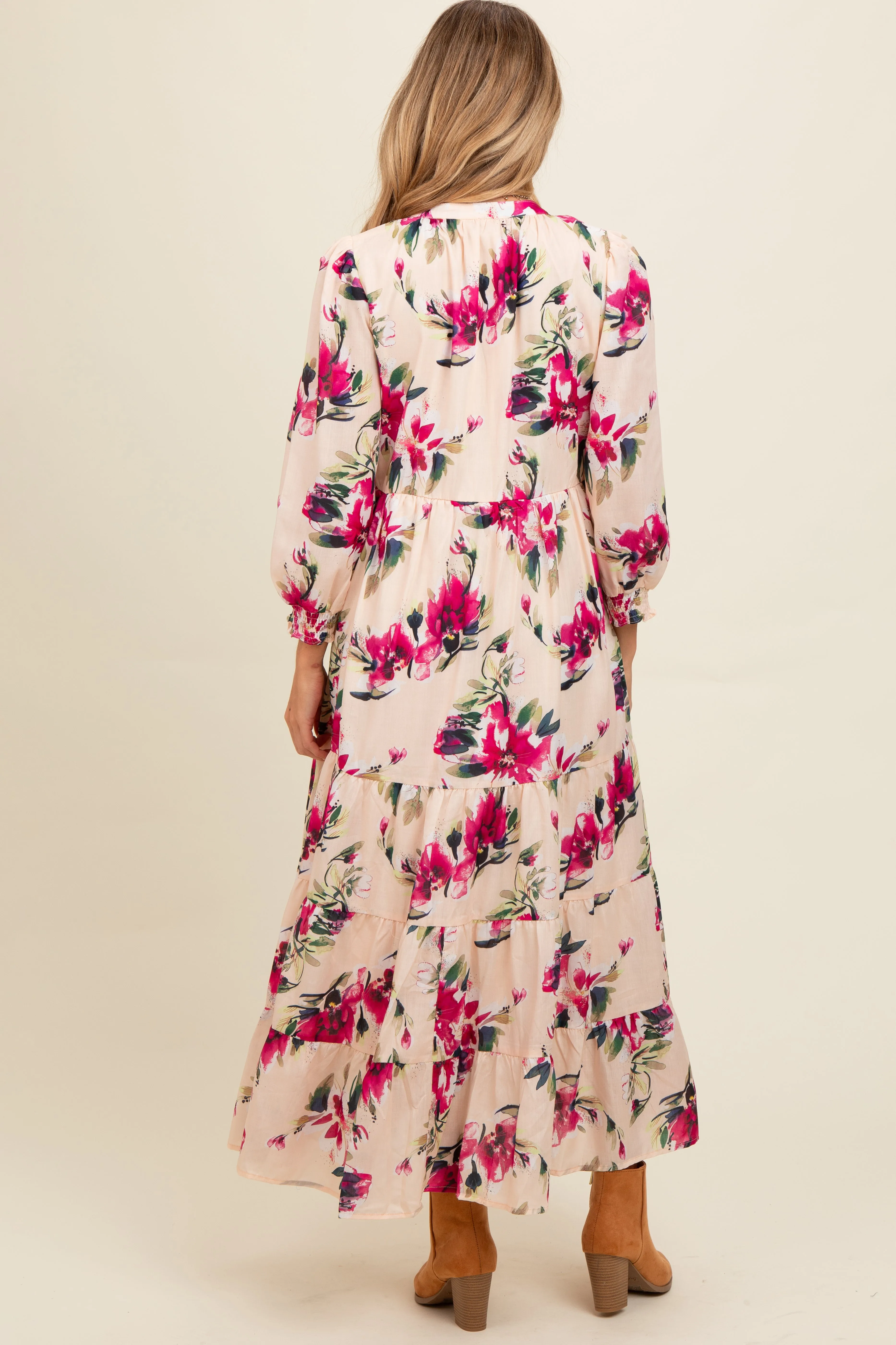 Peach Floral V-Neck Tiered Maternity Midi Dress sold by Pinkblush product image thumbnail 4