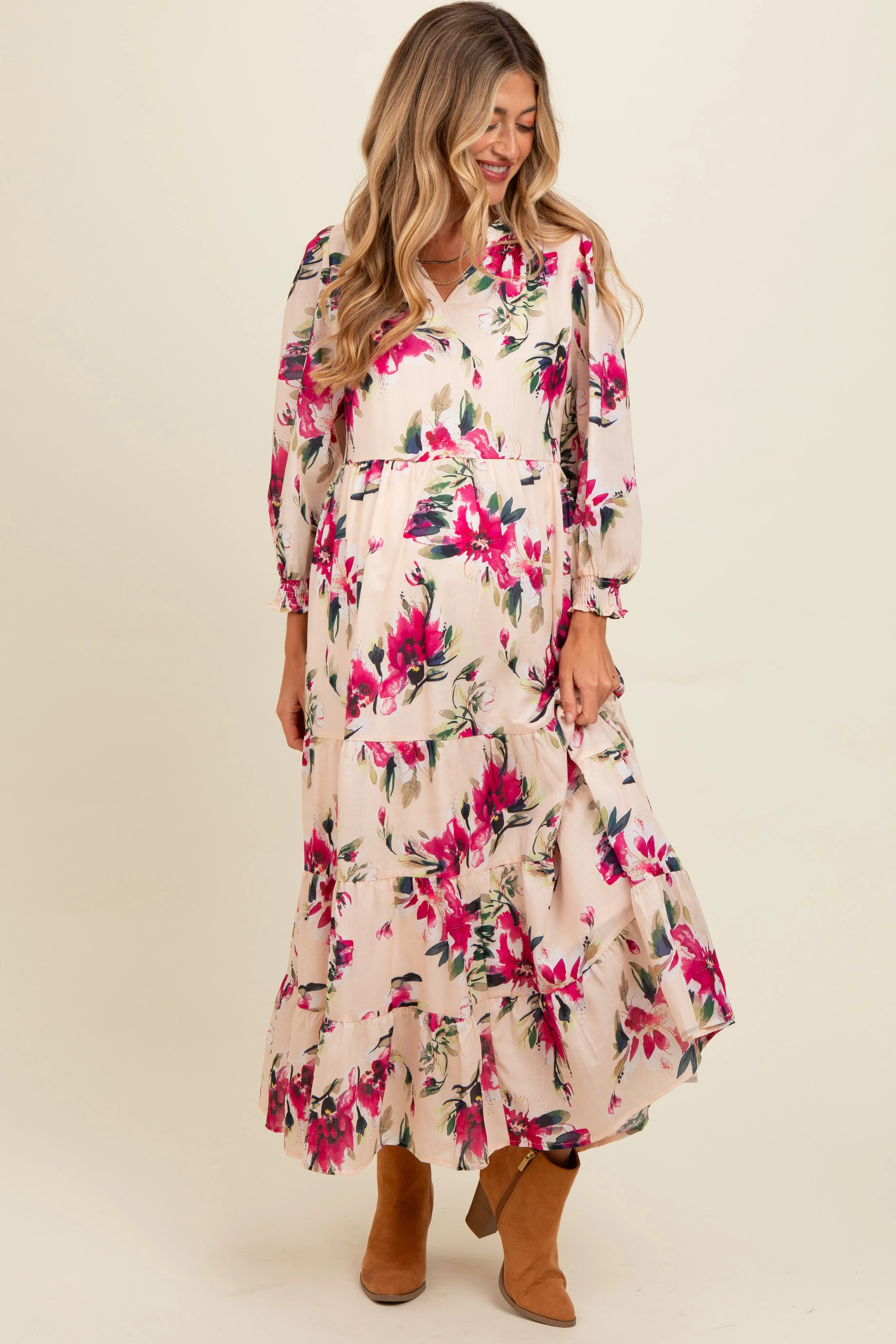 Peach Floral V-Neck Tiered Maternity Midi Dress sold by Pinkblush
