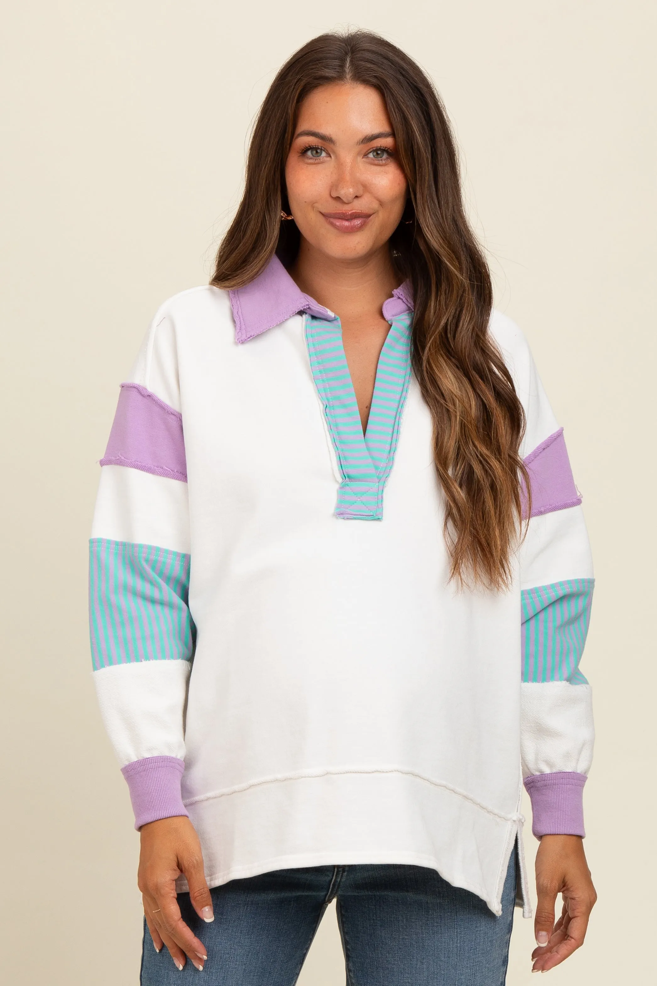 Lavender Colorblock Stripe Polo Maternity Sweatshirt sold by Pinkblush