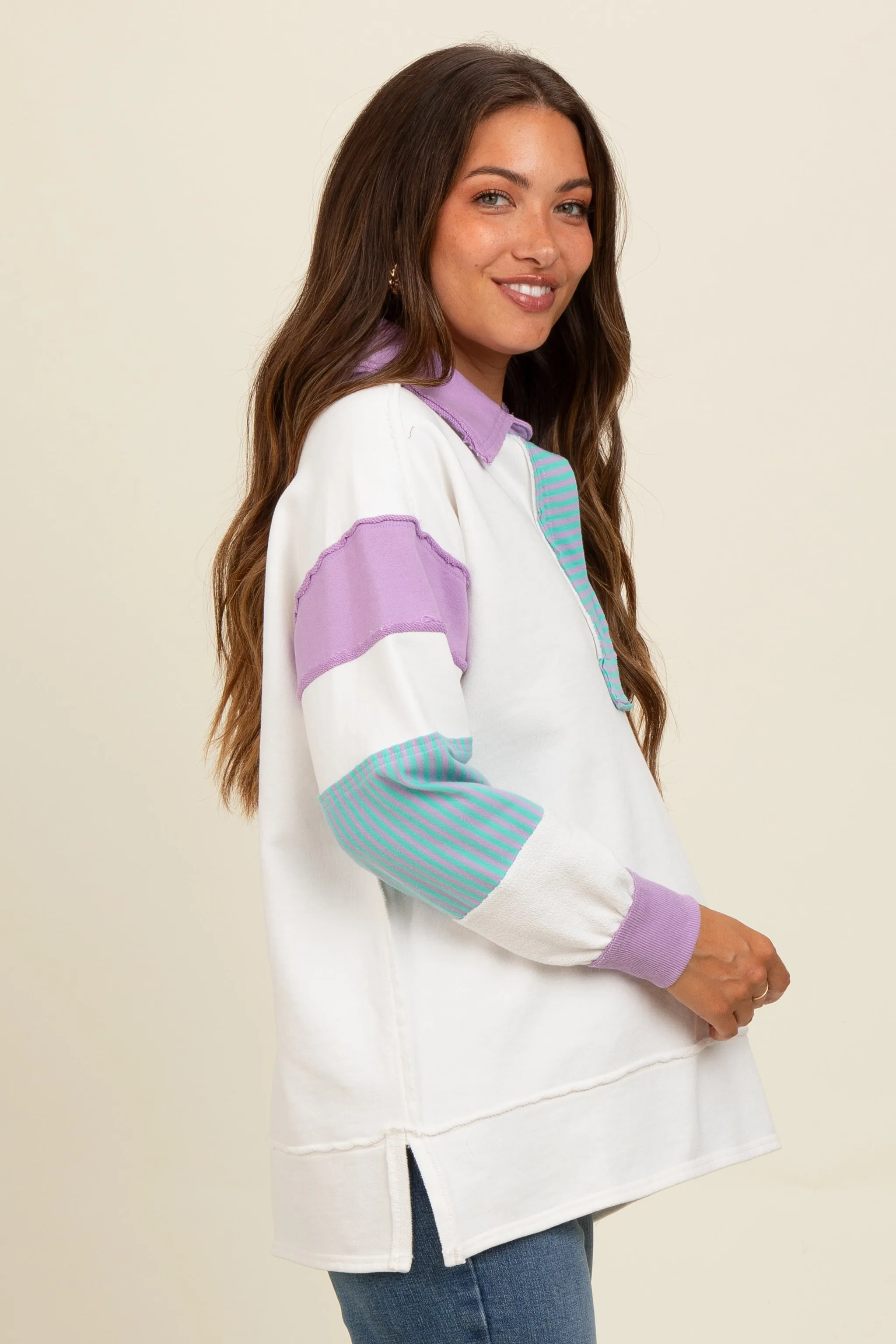 Lavender Colorblock Stripe Polo Maternity Sweatshirt sold by Pinkblush product image thumbnail 3