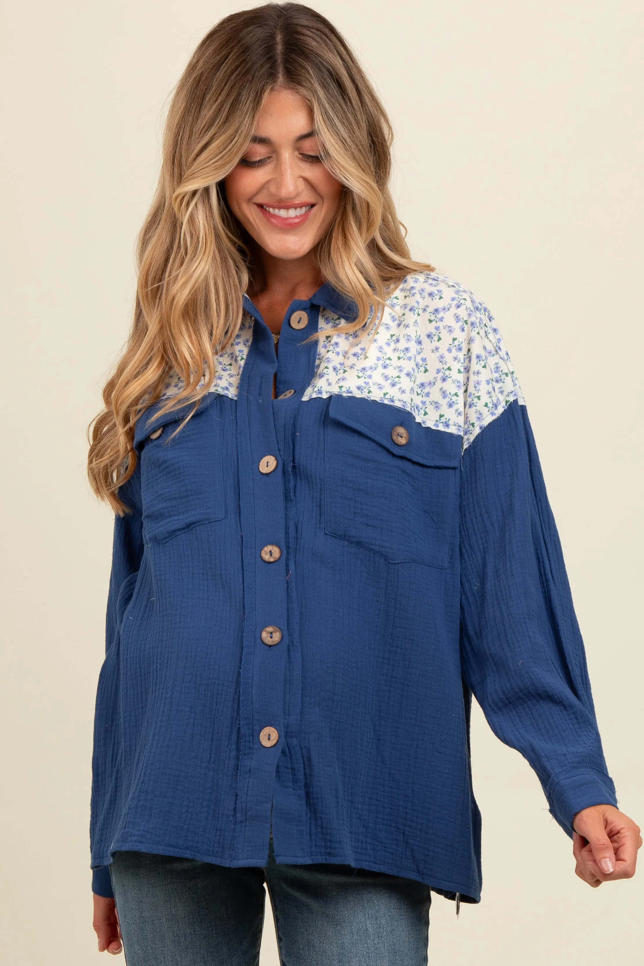 Navy Blue Colorblock Floral Maternity Button Down sold by Pinkblush product image thumbnail 2