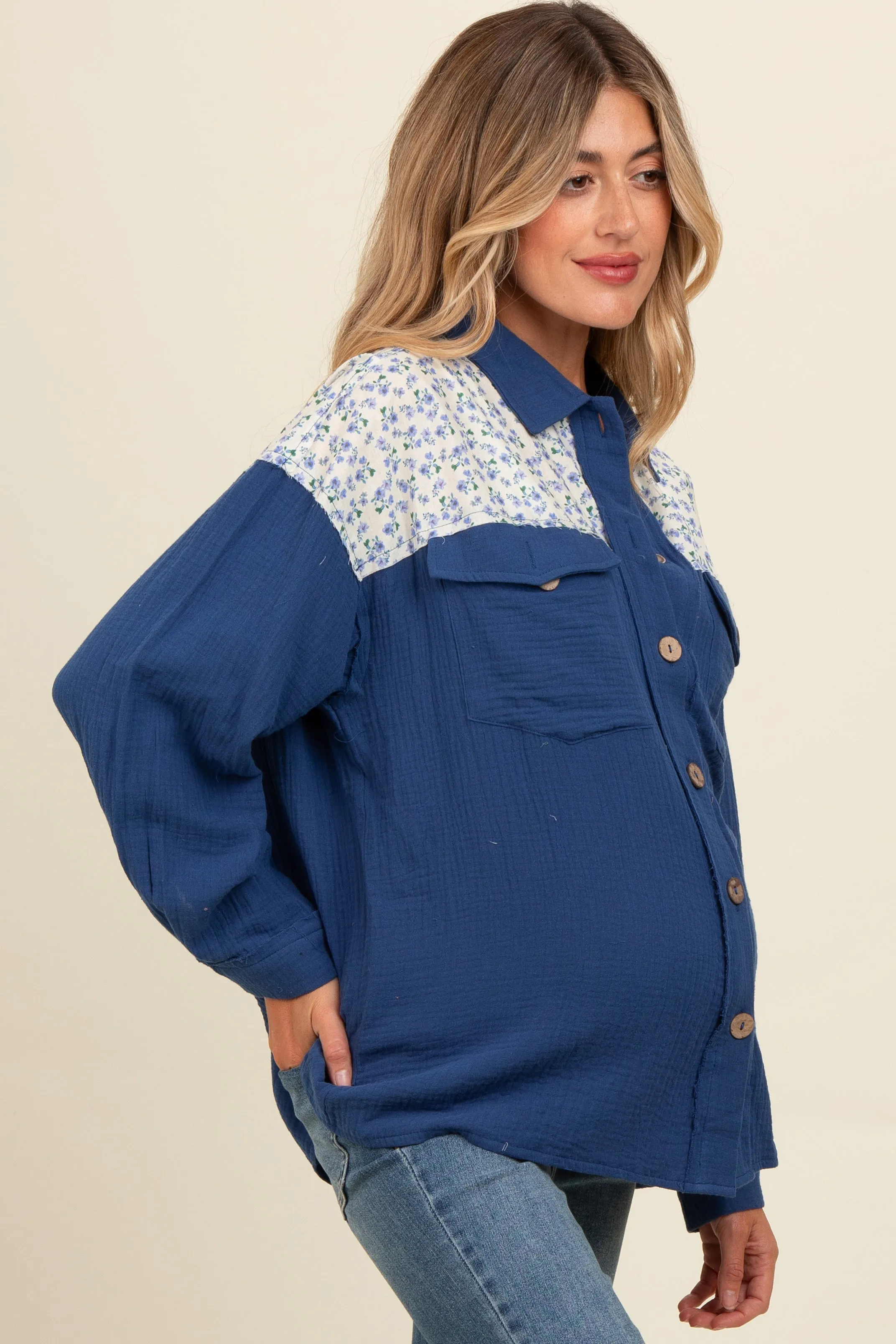Navy Blue Colorblock Floral Maternity Button Down sold by Pinkblush product image thumbnail 3