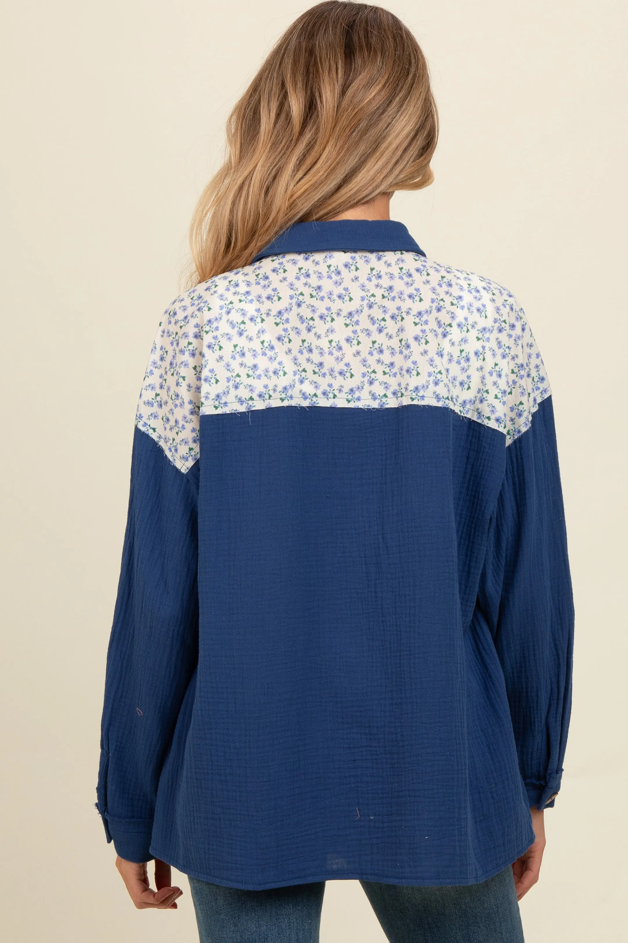 Navy Blue Colorblock Floral Maternity Button Down sold by Pinkblush product image thumbnail 4