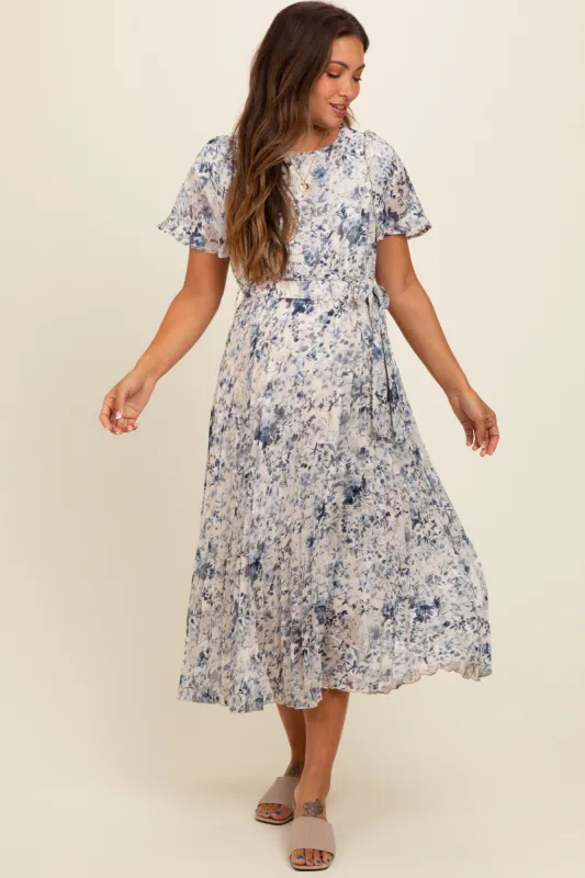 Cream Floral Pleated Maternity Midi Dress sold by Pinkblush